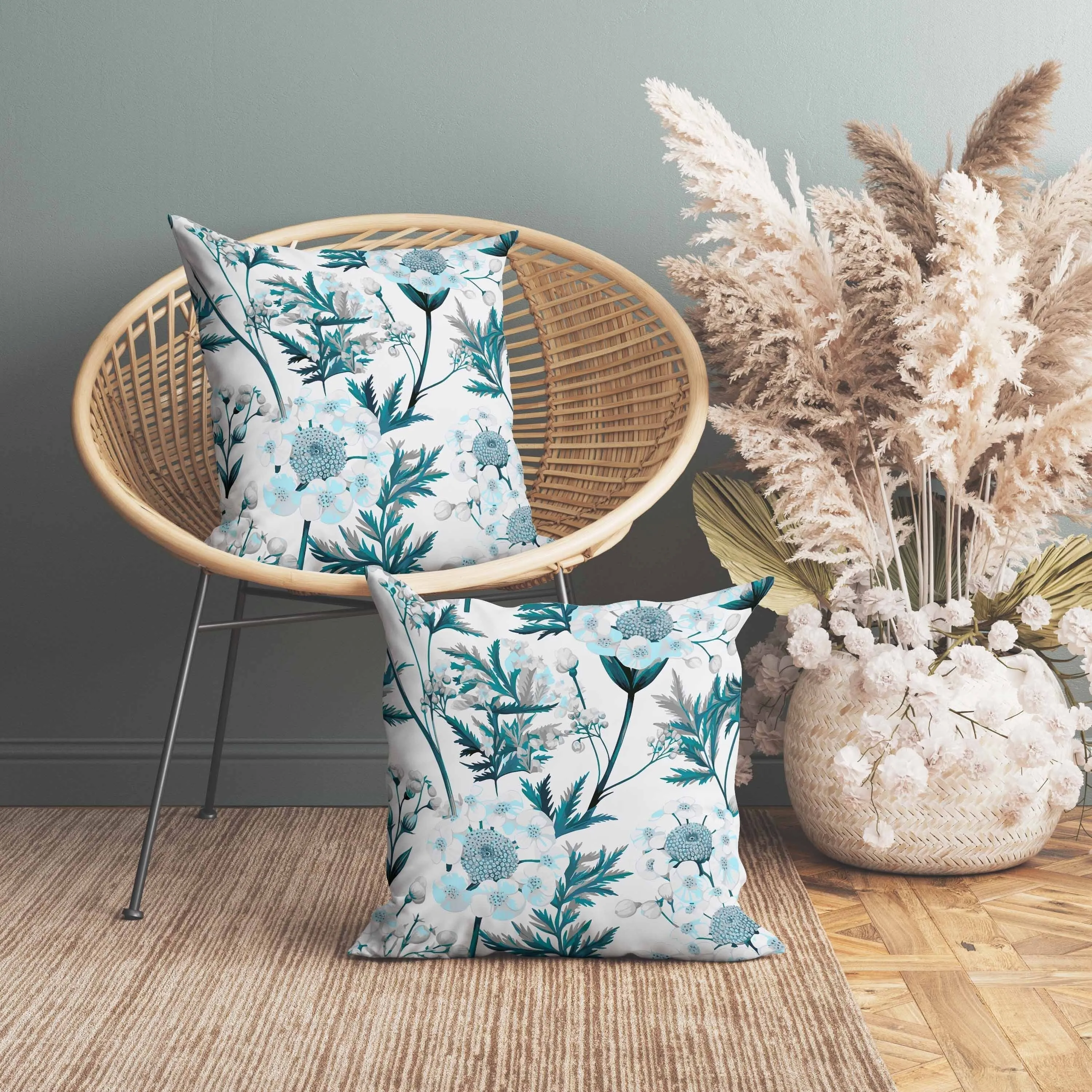 Millefolium Harmony Indoor/Outdoor Reversible Throw Pillow White and Turquoise