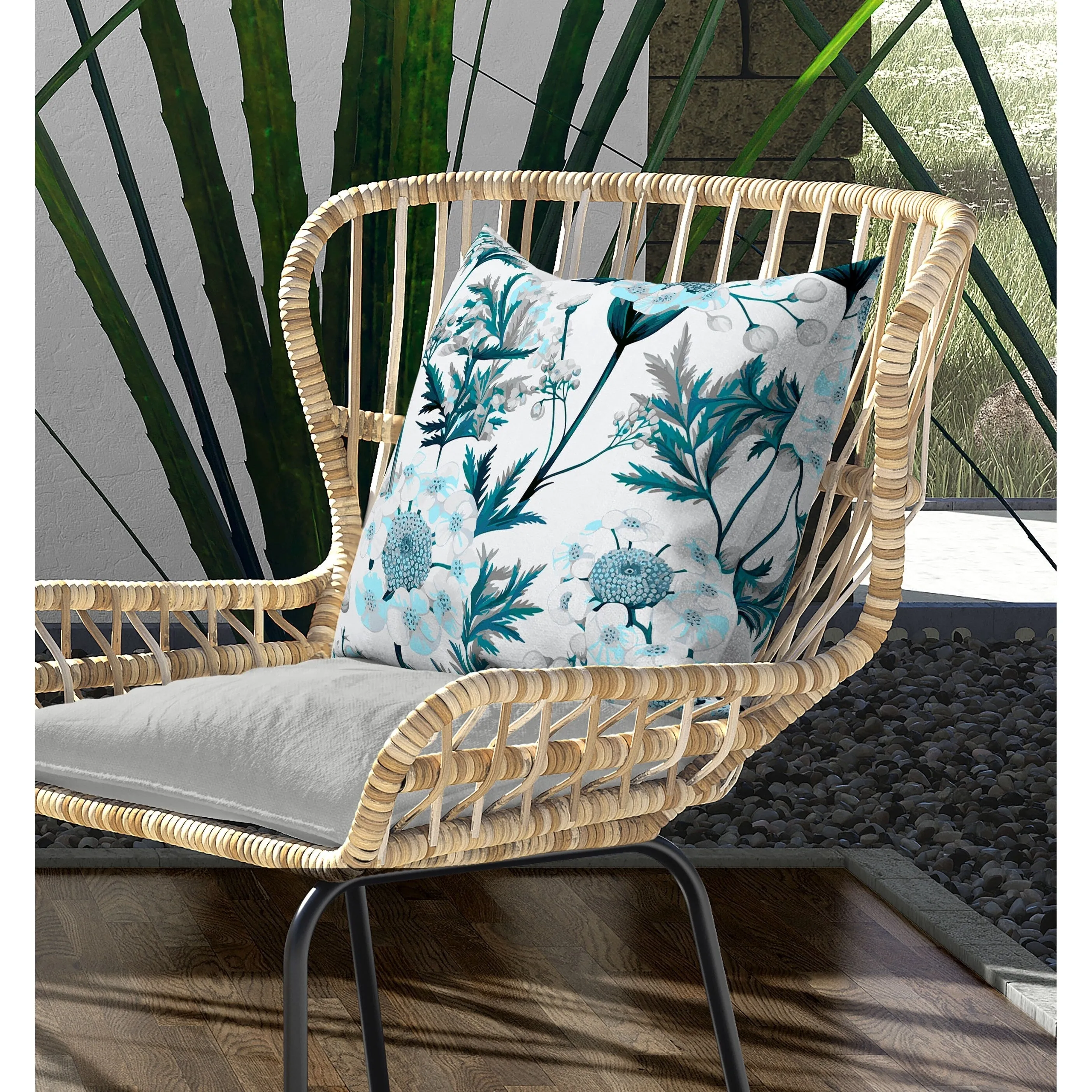 Millefolium Harmony Indoor/Outdoor Reversible Throw Pillow White and Turquoise