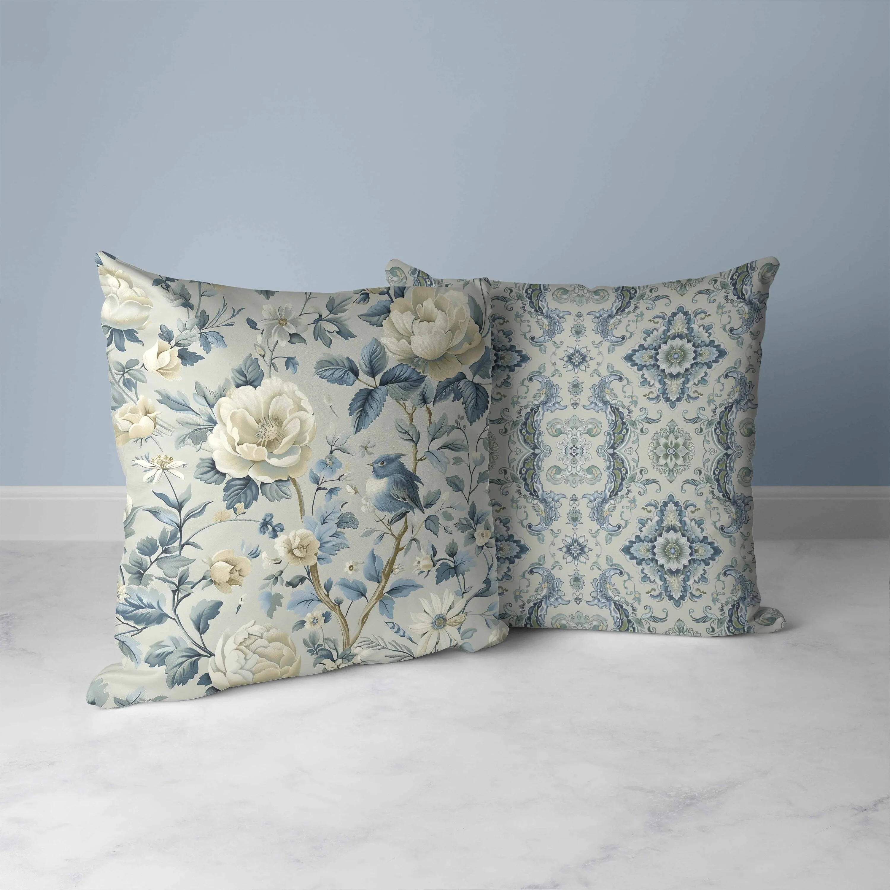 Misty Morning Faux Suede Reversible Throw Pillow Blue and Beige