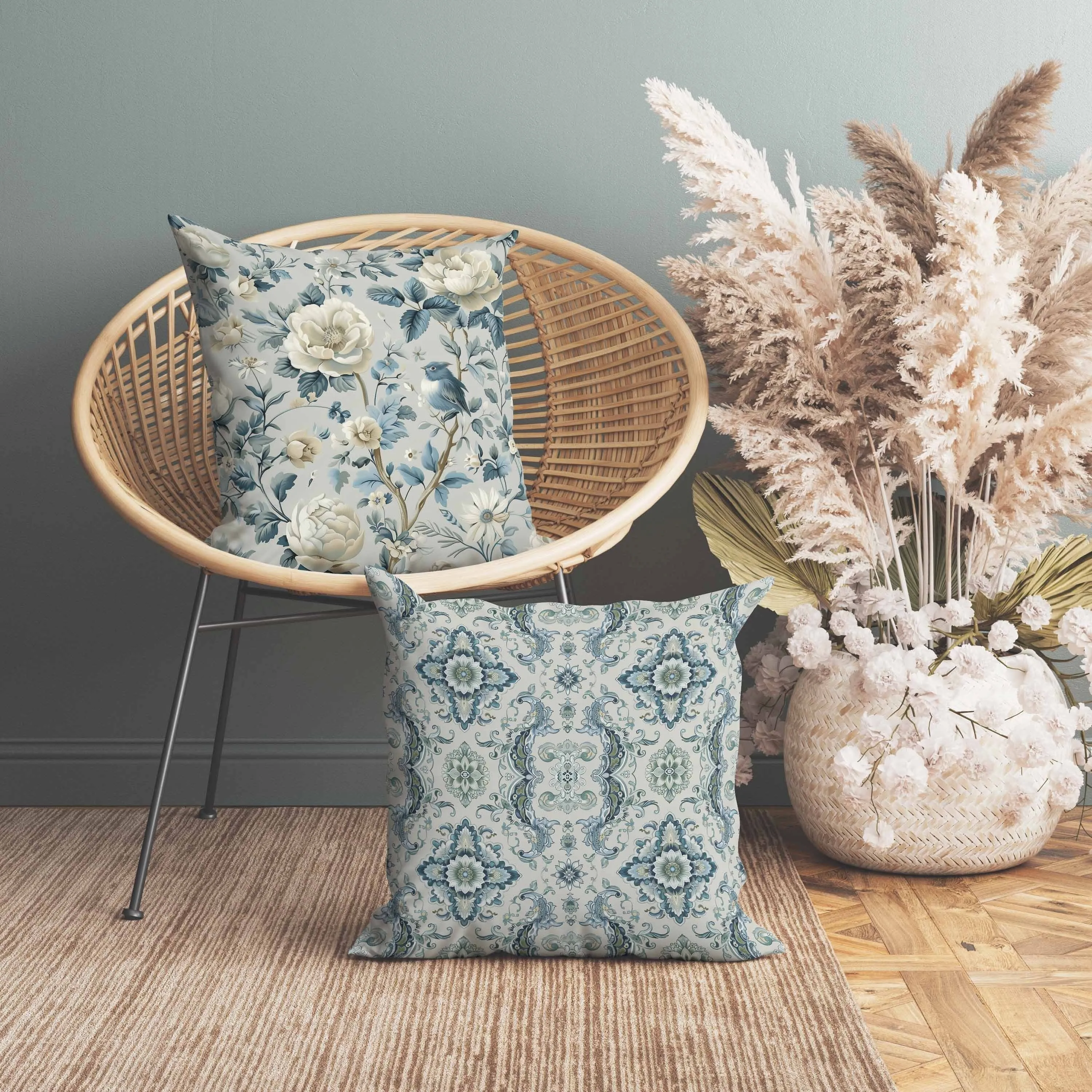 Misty Morning Faux Suede Reversible Throw Pillow Blue and Beige