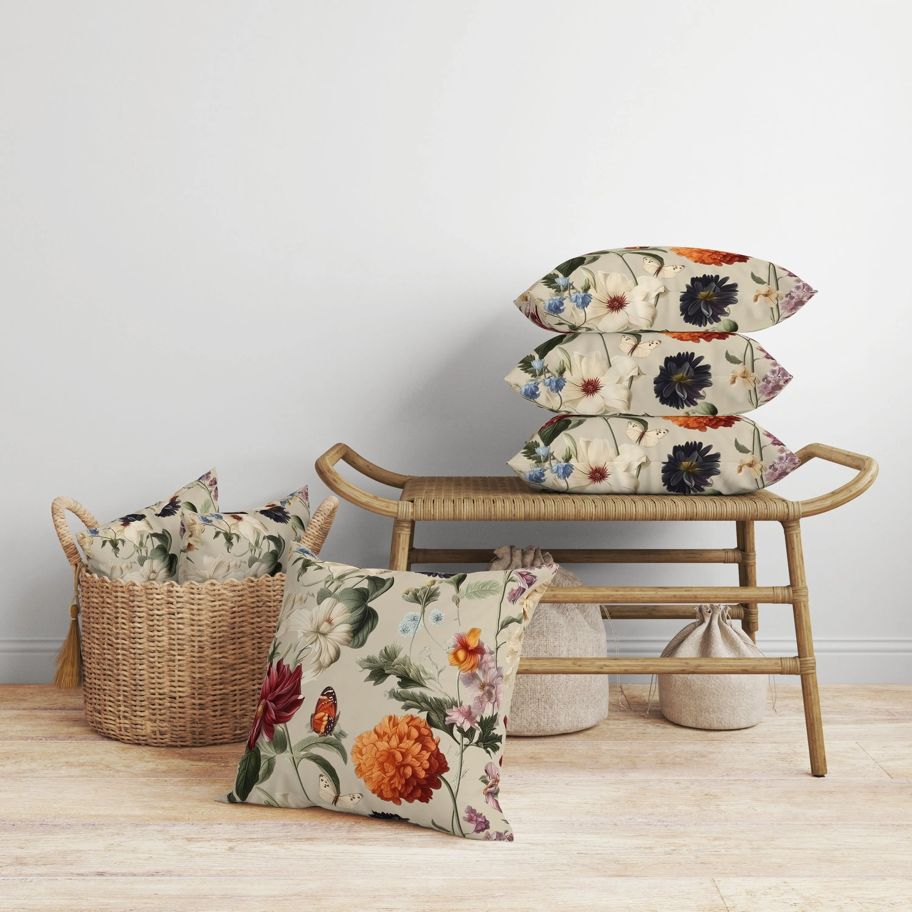 Mixed Flower Delight Faux Suede Reversible Throw Pillow Ivory and Multi