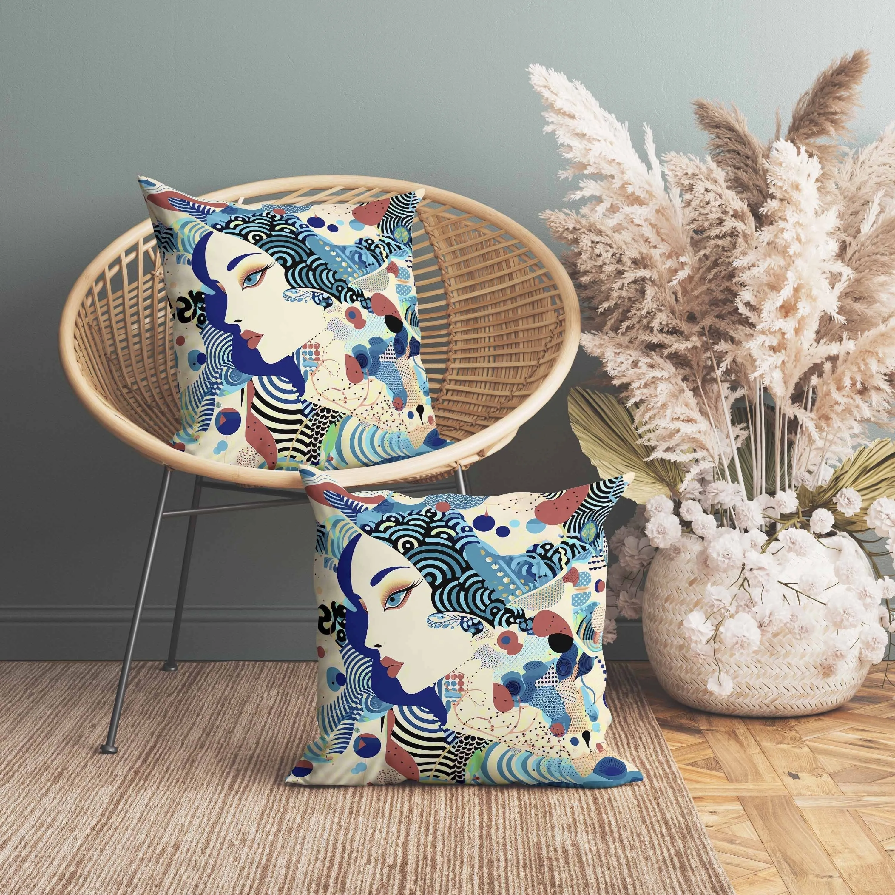 Modern Magic Indoor/Outdoor Reversible Throw Pillow Blue and Cream