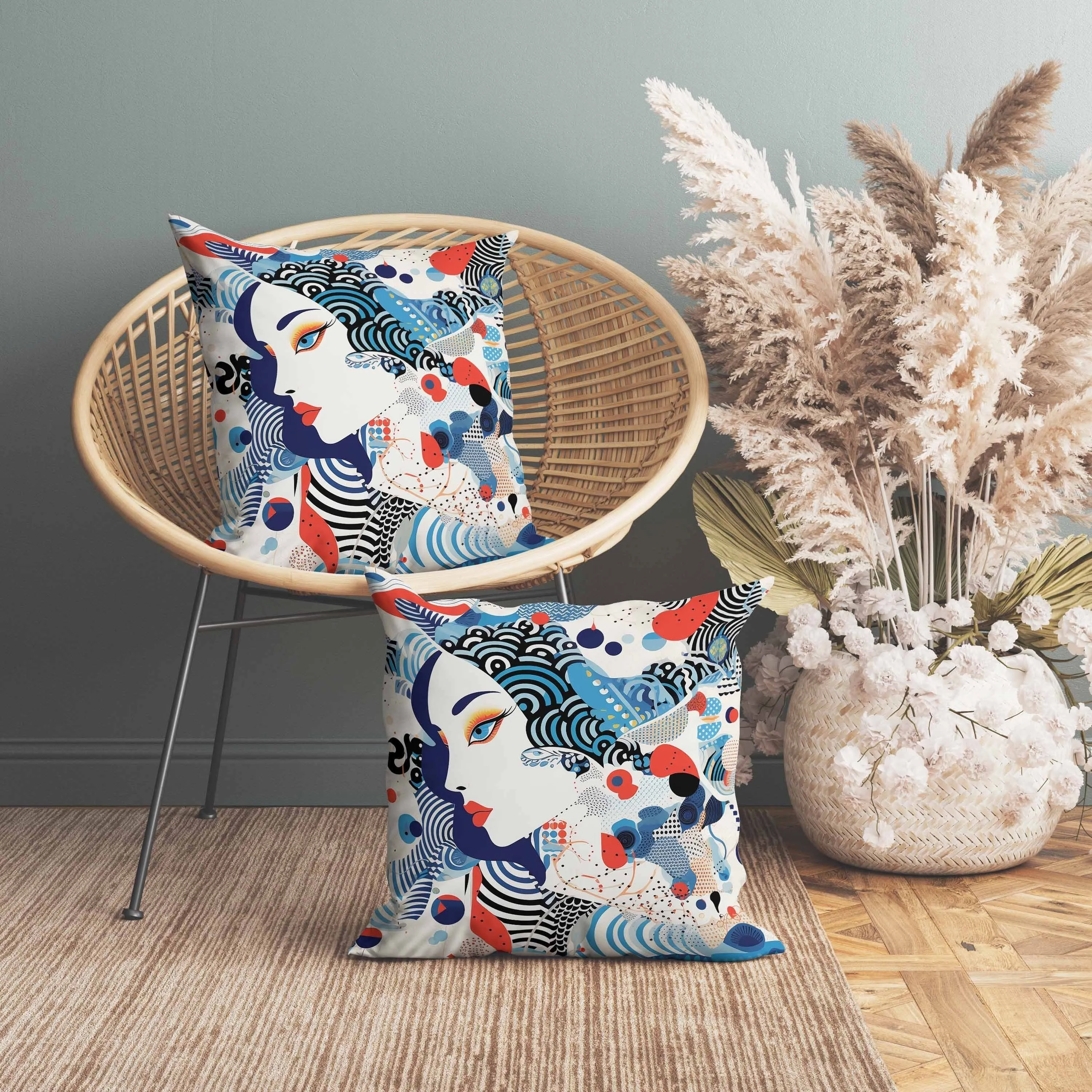 Modern Magic Indoor/Outdoor Reversible Throw Pillow Blue and Red