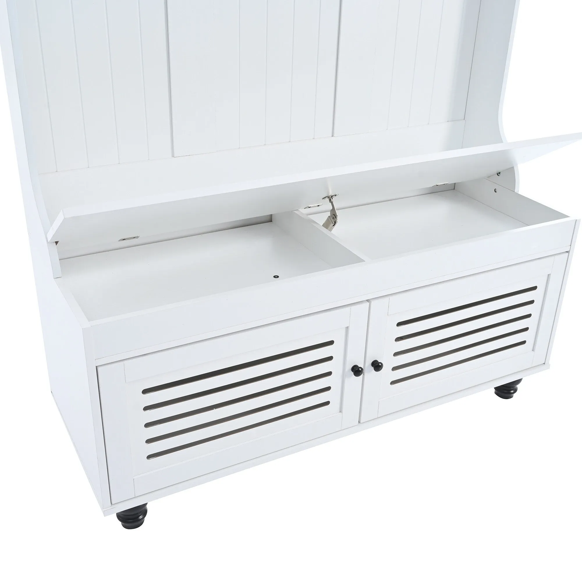 Modern Minimalist Hall Tree with Louvered Doors. Coat Rack Cushion. 4 Sturdy Hooks. for Entrance and Hallway. Living Room