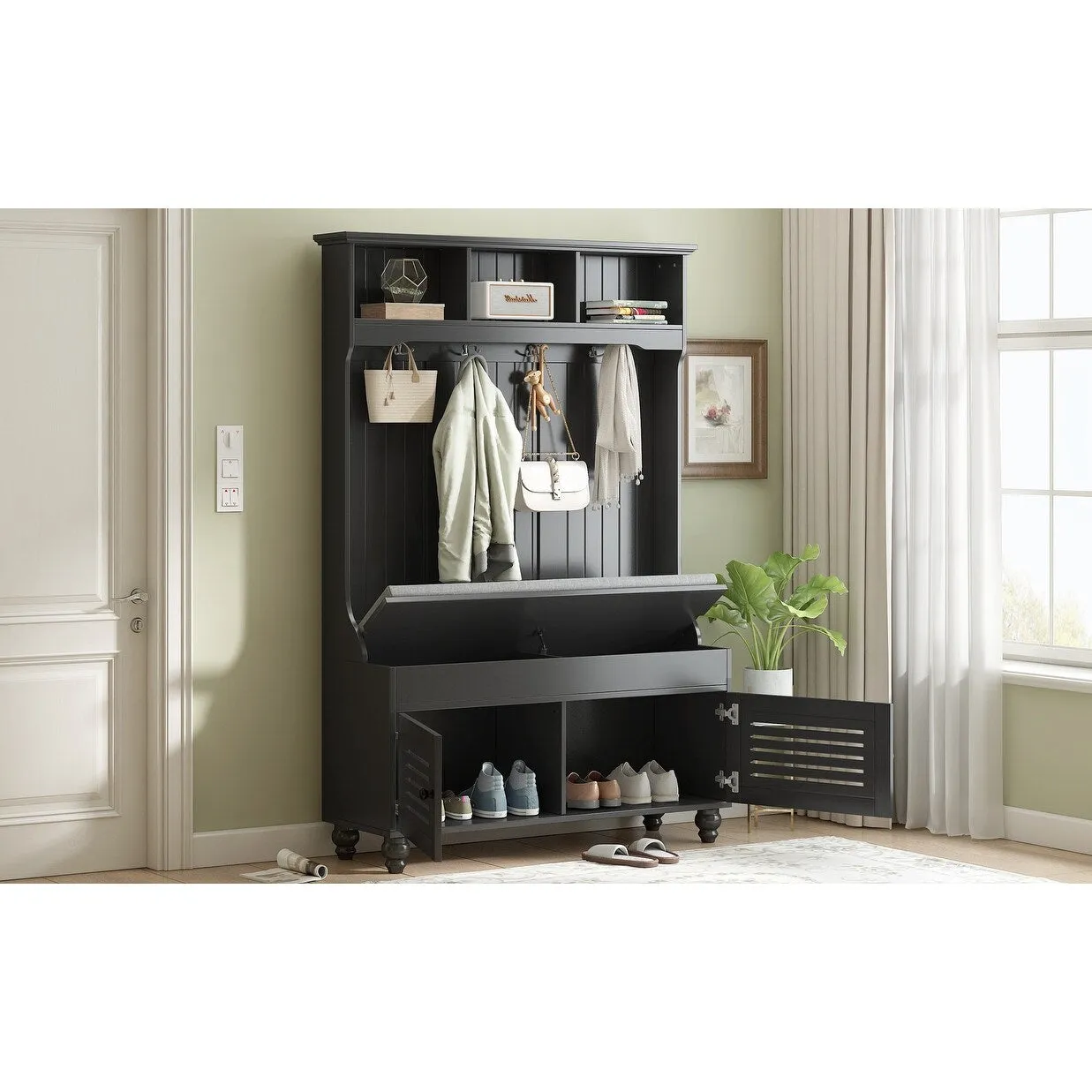 Modern Minimalist Hall Tree with Louvered Doors. Coat Rack Cushion. 4 Sturdy Hooks. for Entrance and Hallway. Living Room