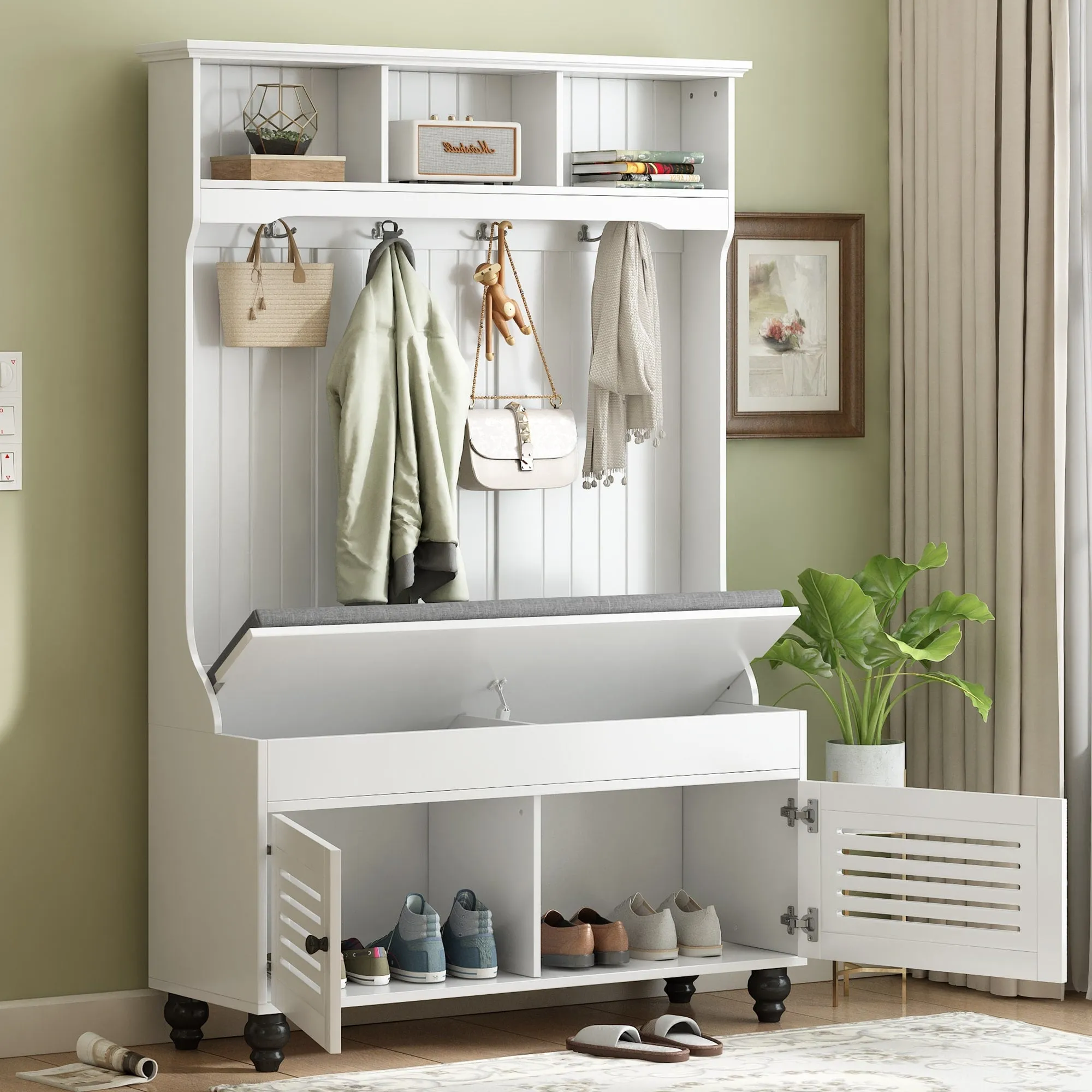 Modern Minimalist Hall Tree with Louvered Doors. Coat Rack Cushion. 4 Sturdy Hooks. for Entrance and Hallway. Living Room