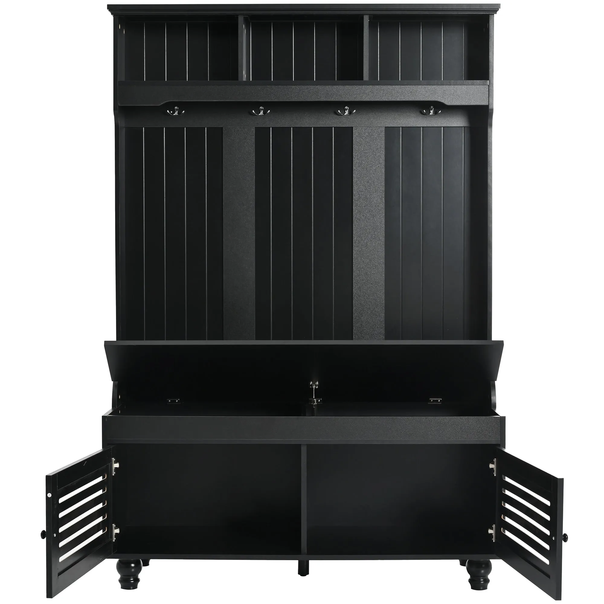 Modern Minimalist Hall Tree with Louvered Doors. Coat Rack Cushion. 4 Sturdy Hooks. for Entrance and Hallway. Living Room