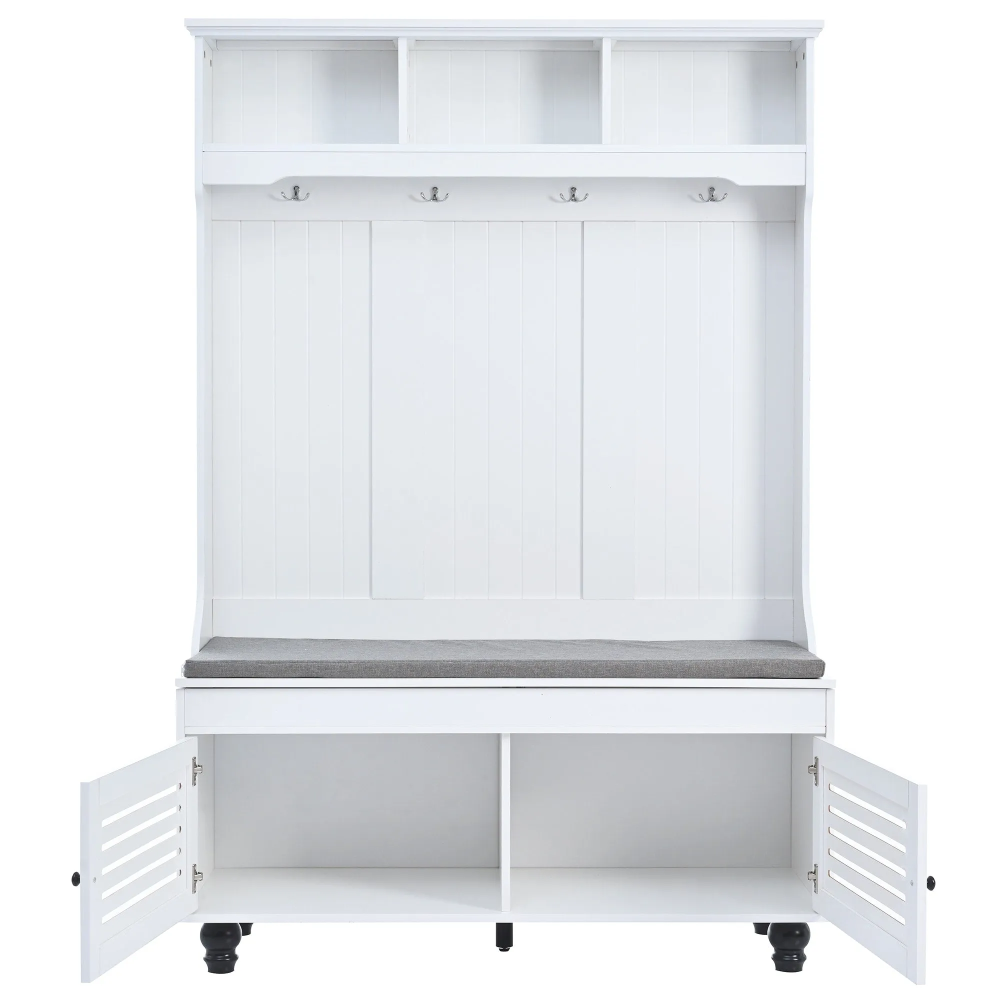 Modern Minimalist Hall Tree with Louvered Doors. Coat Rack Cushion. 4 Sturdy Hooks. for Entrance and Hallway. Living Room