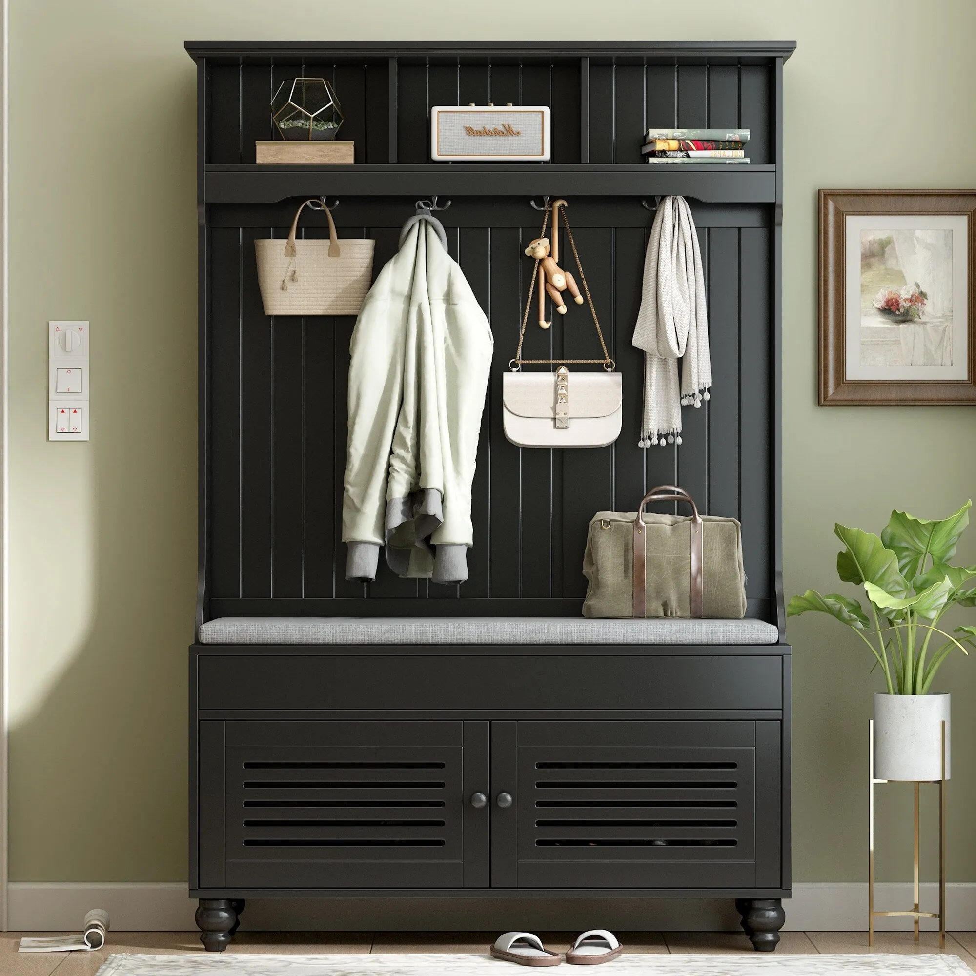Modern Minimalist Hall Tree with Louvered Doors. Coat Rack Cushion. 4 Sturdy Hooks. for Entrance and Hallway. Living Room