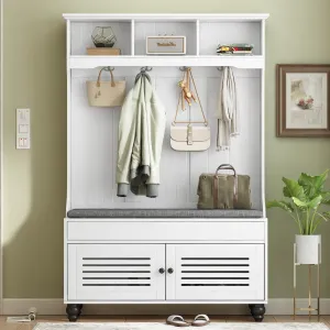Modern Minimalist Hall Tree with Louvered Doors. Coat Rack Cushion. 4 Sturdy Hooks. for Entrance and Hallway. Living Room