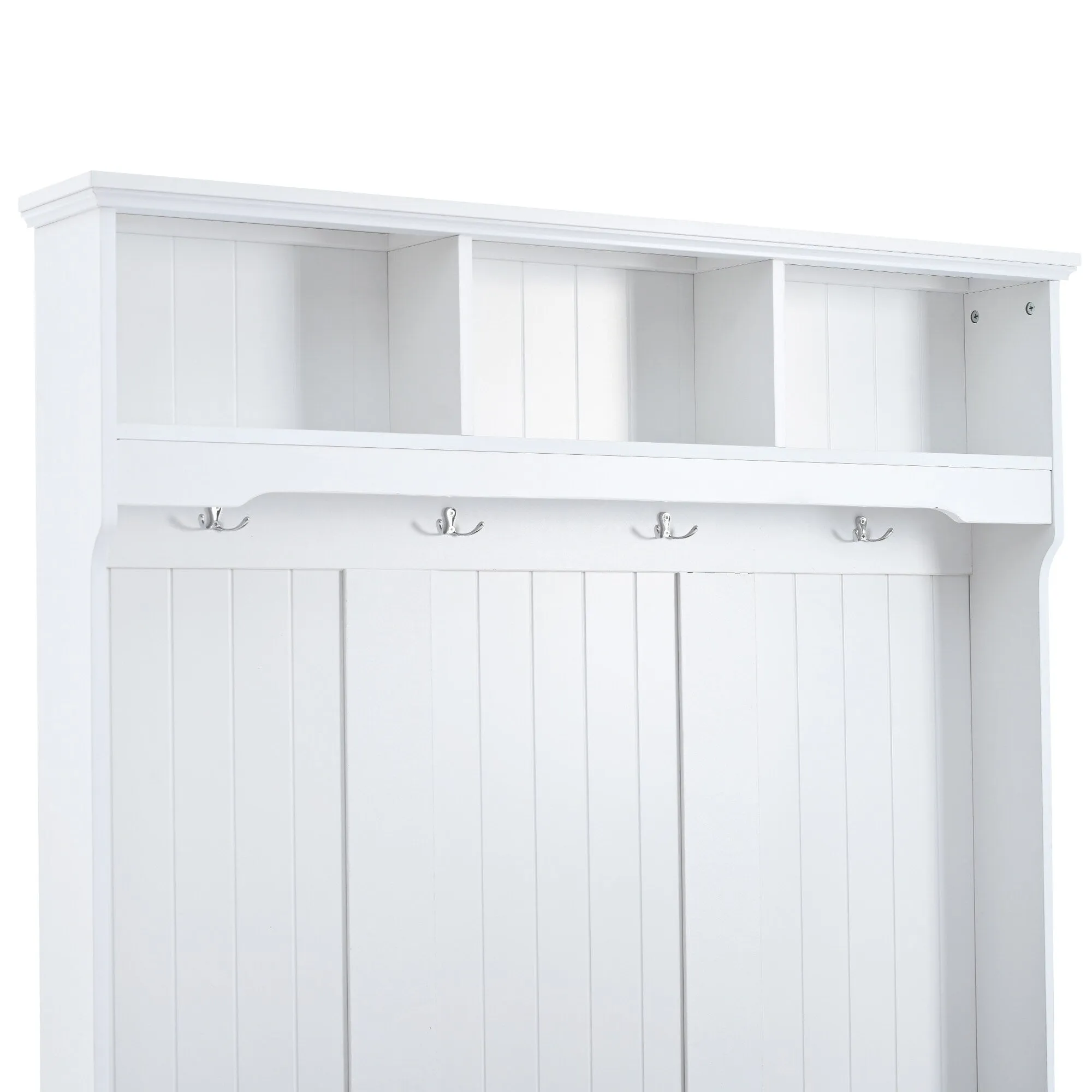 Modern Minimalist Hall Tree with Louvered Doors. Coat Rack Cushion. 4 Sturdy Hooks. for Entrance and Hallway. Living Room