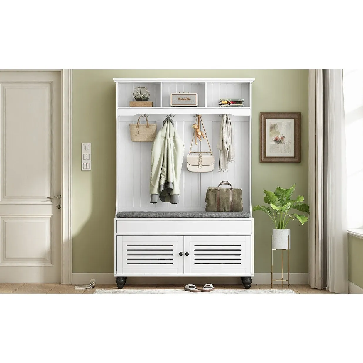 Modern Minimalist Hall Tree with Louvered Doors. Coat Rack Cushion. 4 Sturdy Hooks. for Entrance and Hallway. Living Room