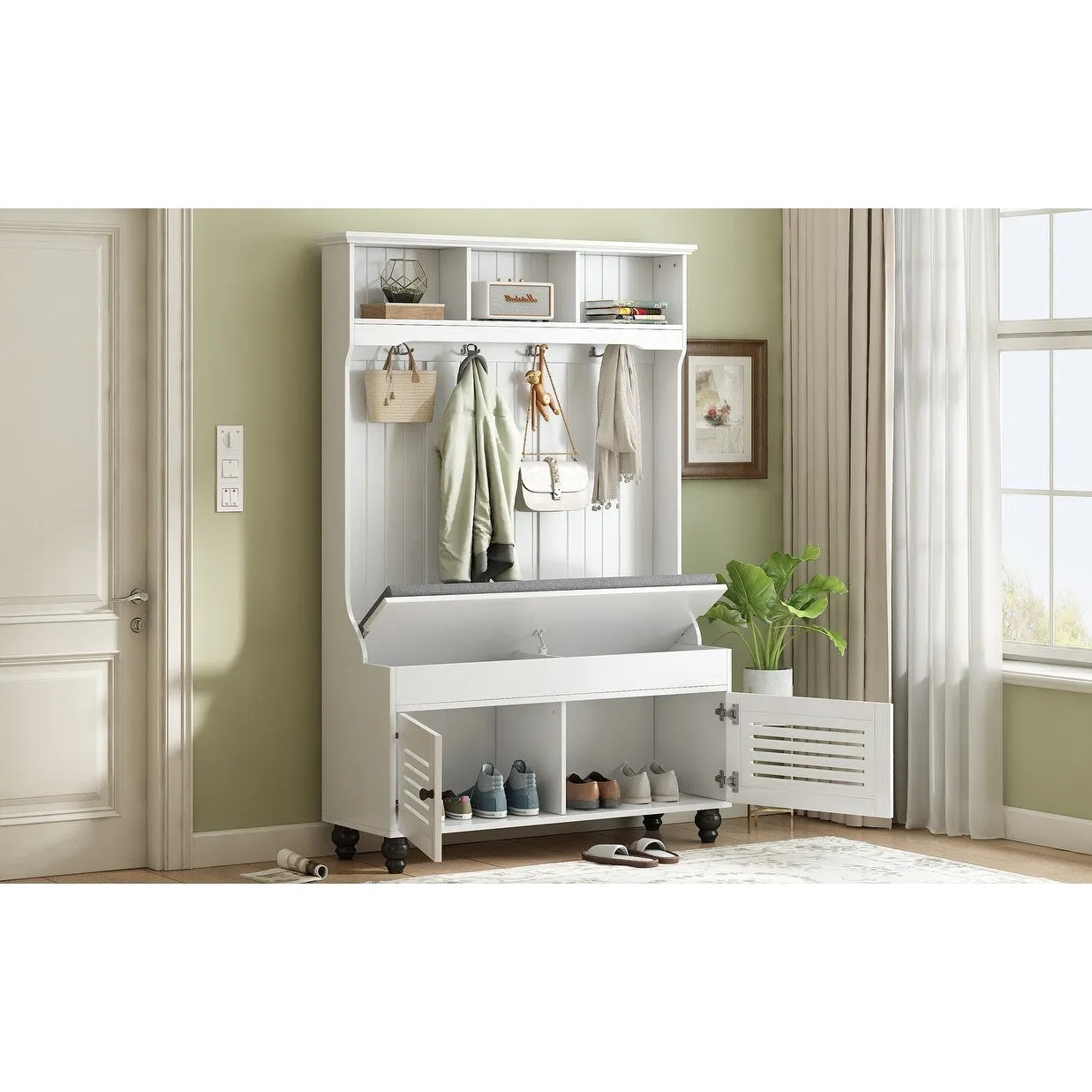 Modern Minimalist Hall Tree with Louvered Doors. Coat Rack Cushion. 4 Sturdy Hooks. for Entrance and Hallway. Living Room