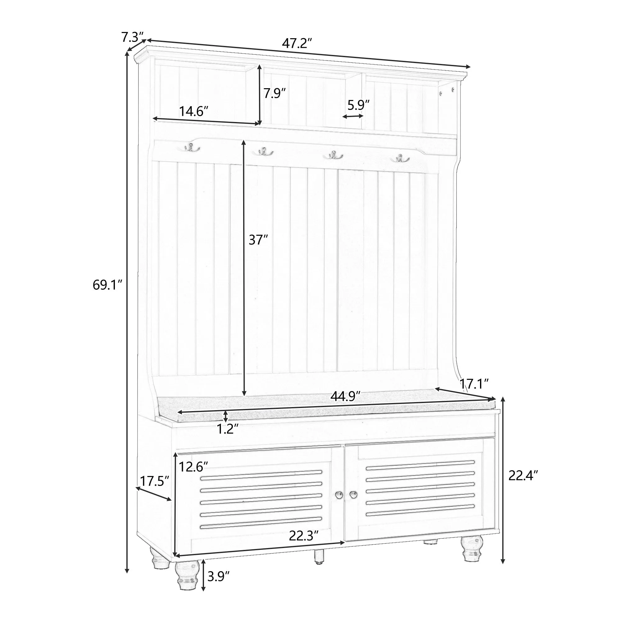 Modern Minimalist Hall Tree with Louvered Doors. Coat Rack Cushion. 4 Sturdy Hooks. for Entrance and Hallway. Living Room