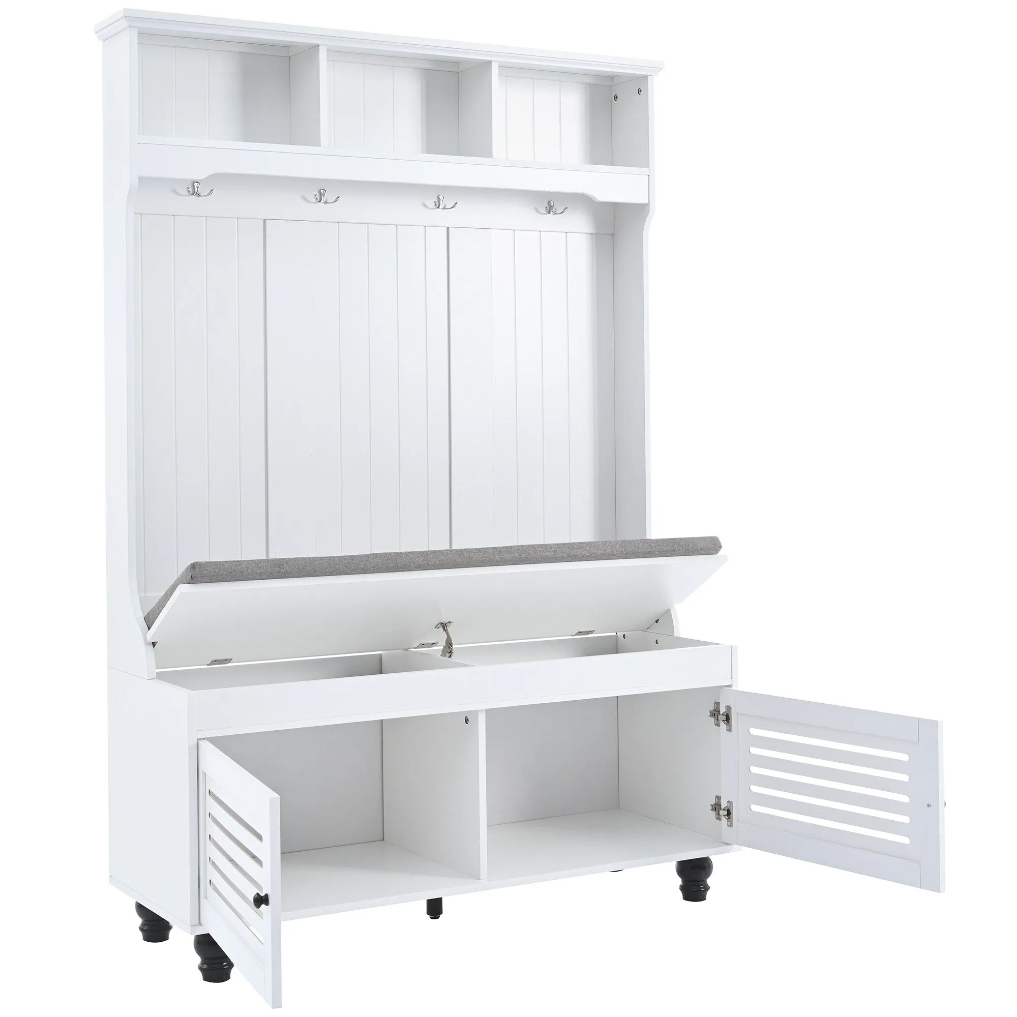 Modern Minimalist Hall Tree with Louvered Doors. Coat Rack Cushion. 4 Sturdy Hooks. for Entrance and Hallway. Living Room