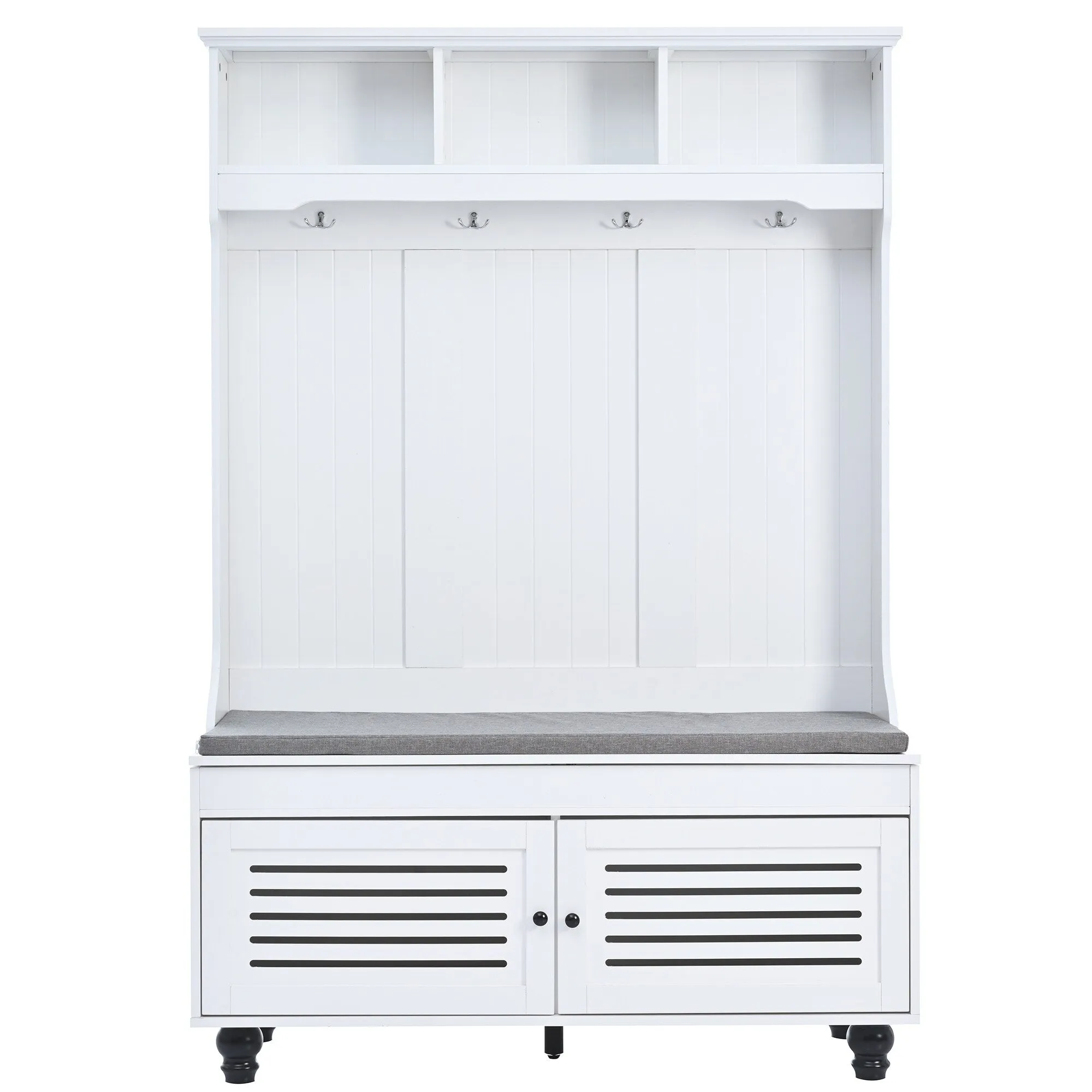 Modern Minimalist Hall Tree with Louvered Doors. Coat Rack Cushion. 4 Sturdy Hooks. for Entrance and Hallway. Living Room
