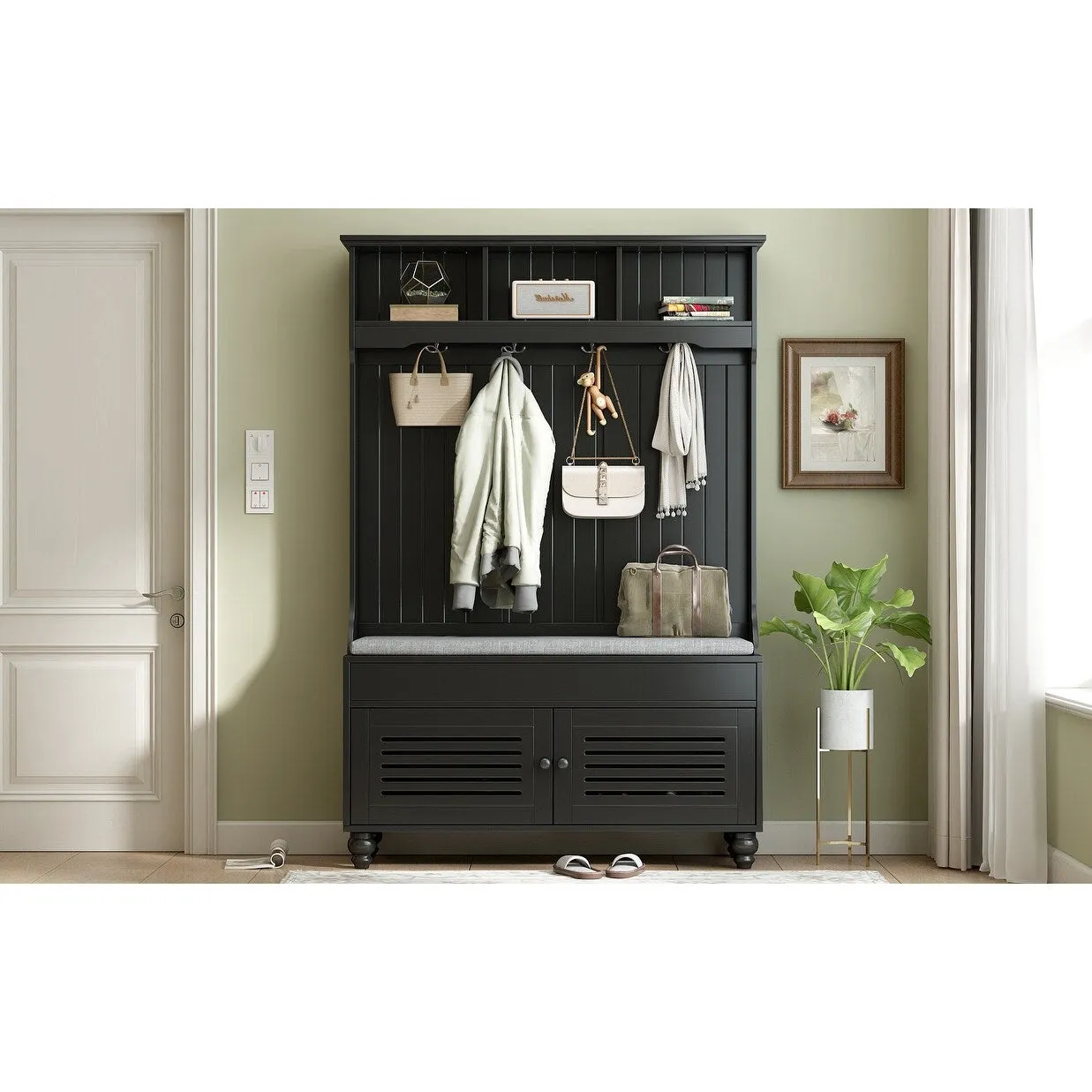 Modern Minimalist Hall Tree with Louvered Doors. Coat Rack Cushion. 4 Sturdy Hooks. for Entrance and Hallway. Living Room