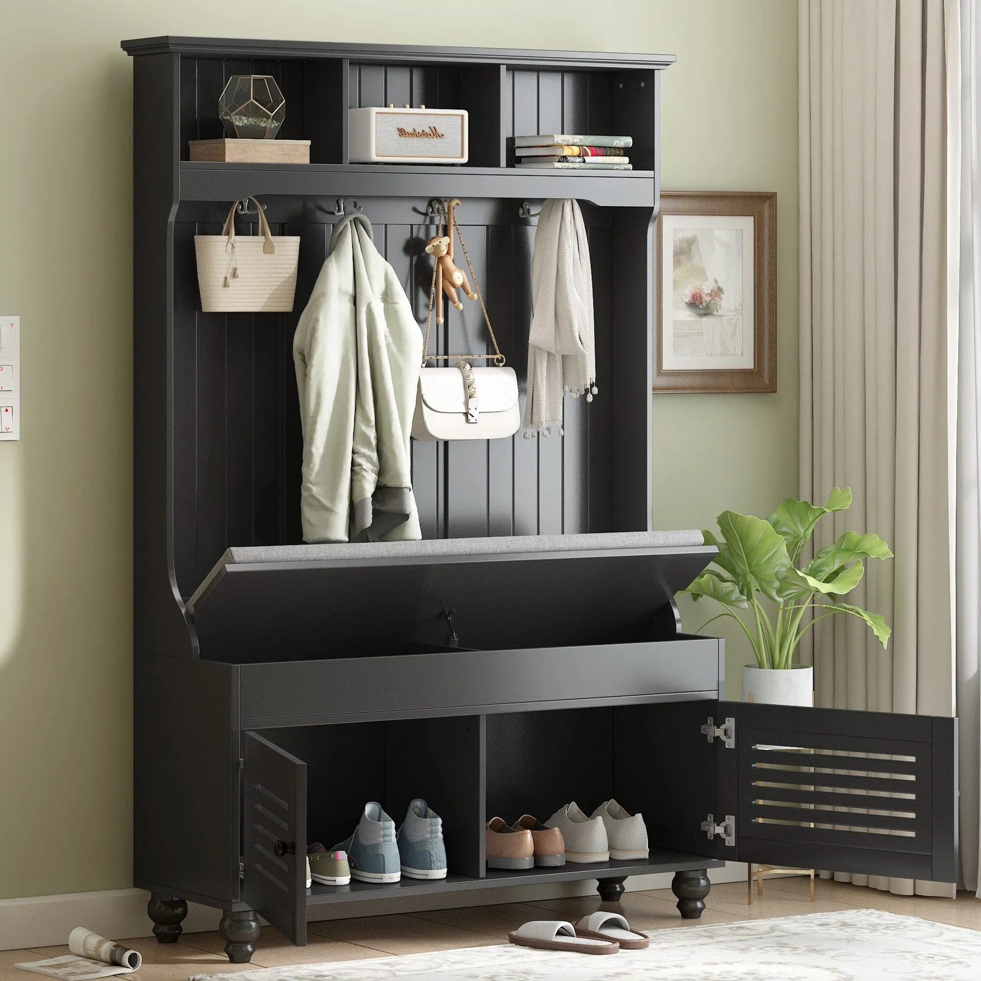 Modern Minimalist Hall Tree with Louvered Doors. Coat Rack Cushion. 4 Sturdy Hooks. for Entrance and Hallway. Living Room