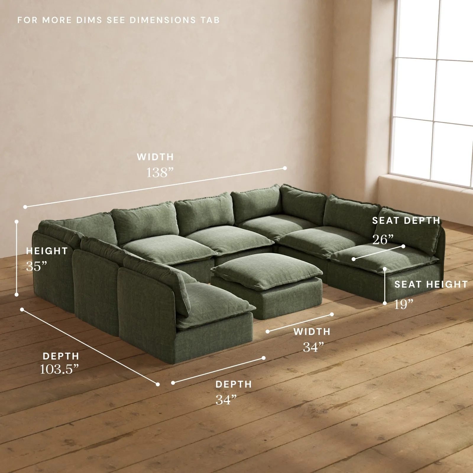 Modular Performance 8-Seater Open-Ends U-Sectional   Ottoman in Willow | Deluxe Blend