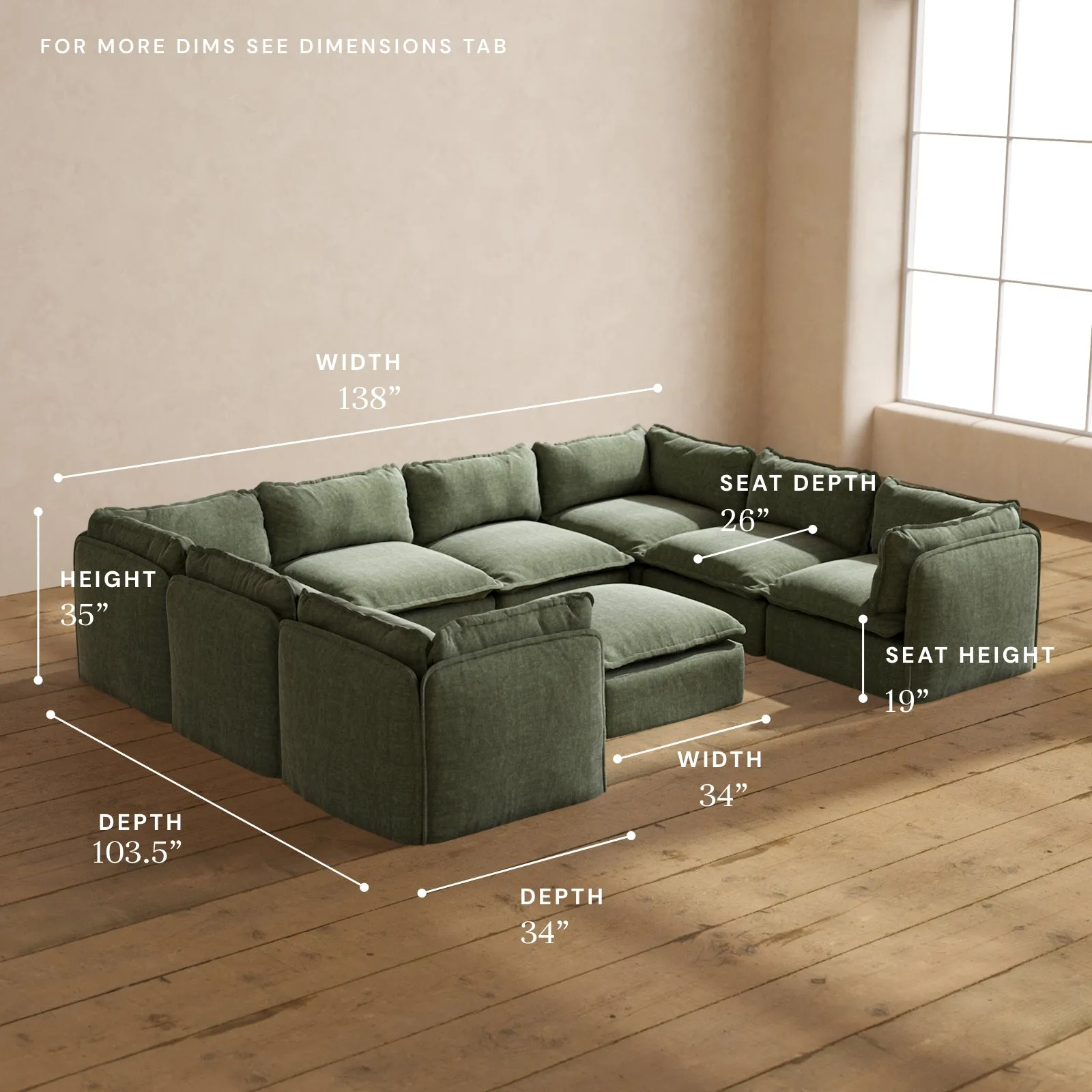 Modular Performance 8-Seater U-Sectional   Ottoman in Willow | Deluxe Blend