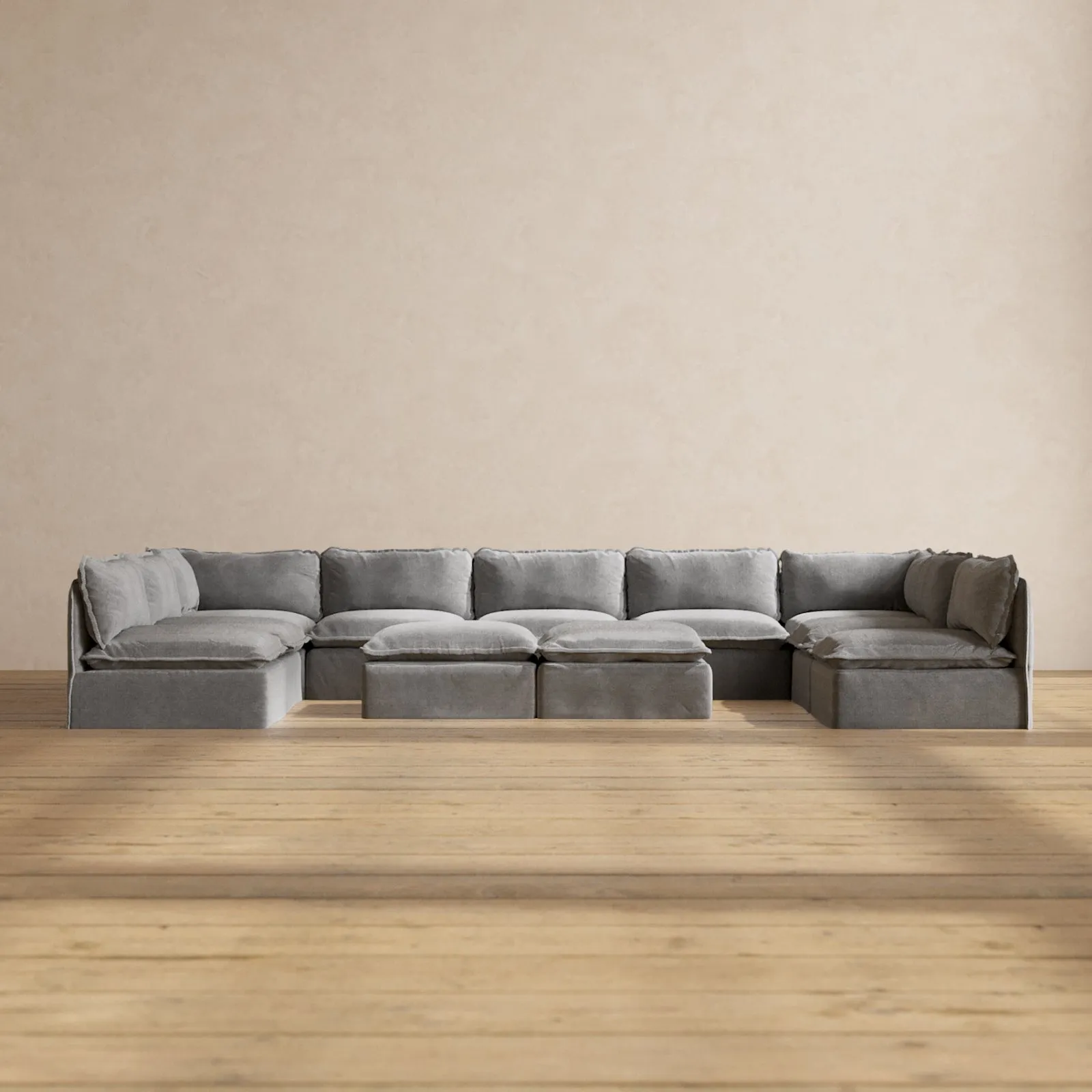 Modular Performance 9-Seater Open-Ends U-Sectional   Bench Ottoman in Ash | Deluxe Blend