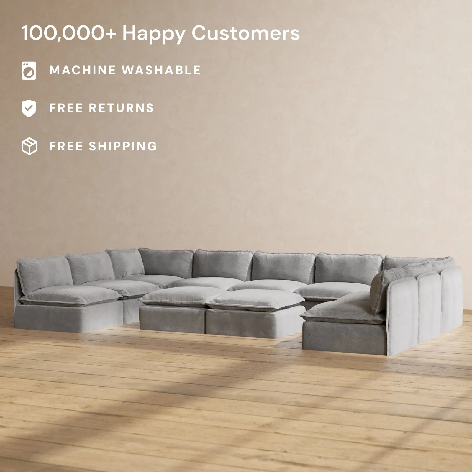 Modular Performance 9-Seater Open-Ends U-Sectional   Bench Ottoman in Ash | Deluxe Blend