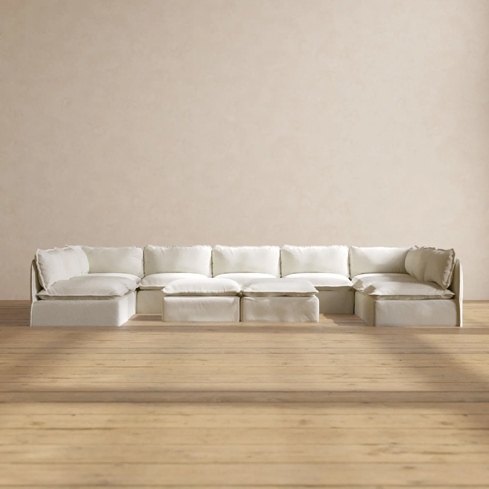 Modular Performance 9-Seater Open-Ends U-Sectional   Bench Ottoman in Eggshell | Deluxe Blend