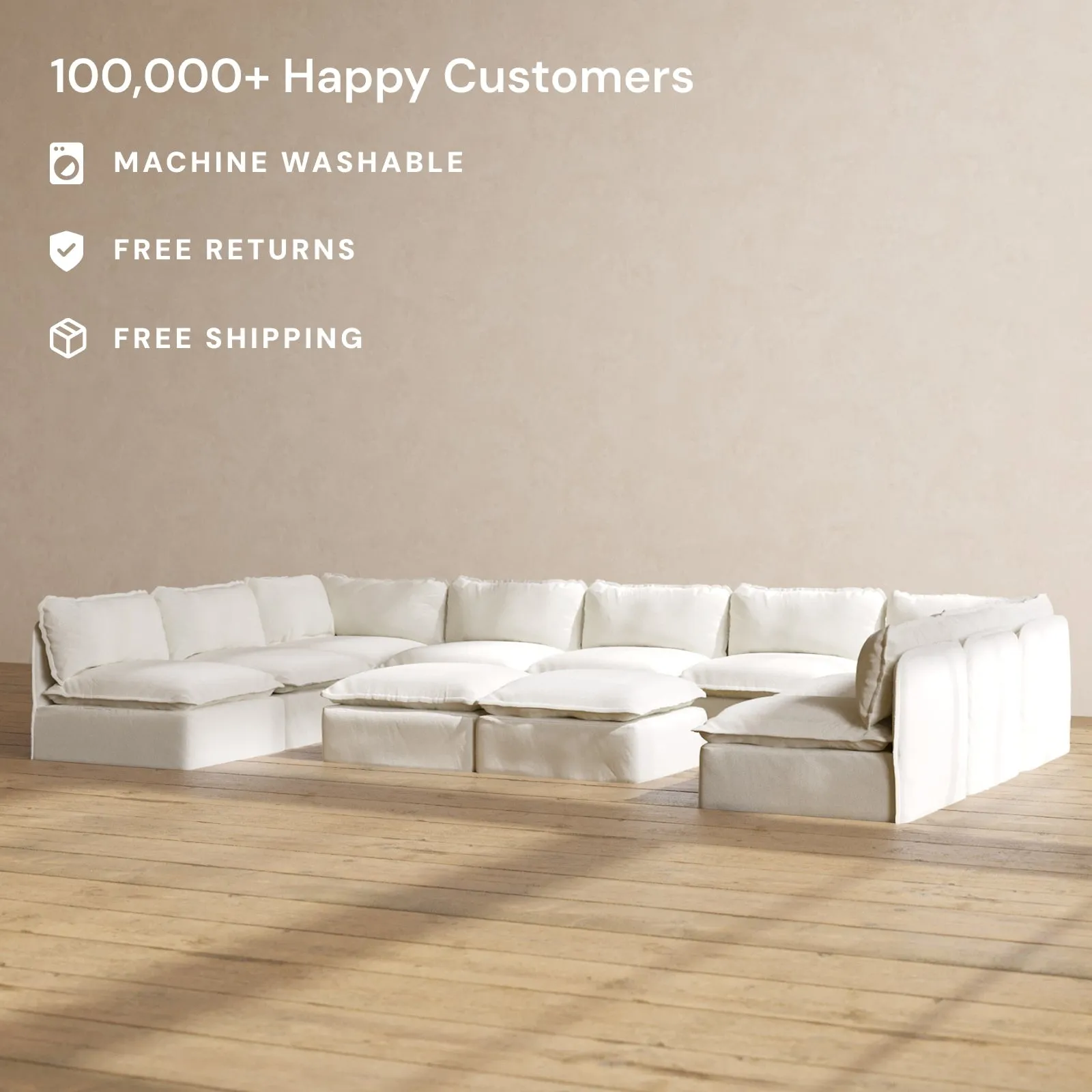 Modular Performance 9-Seater Open-Ends U-Sectional   Bench Ottoman in Eggshell | Deluxe Blend