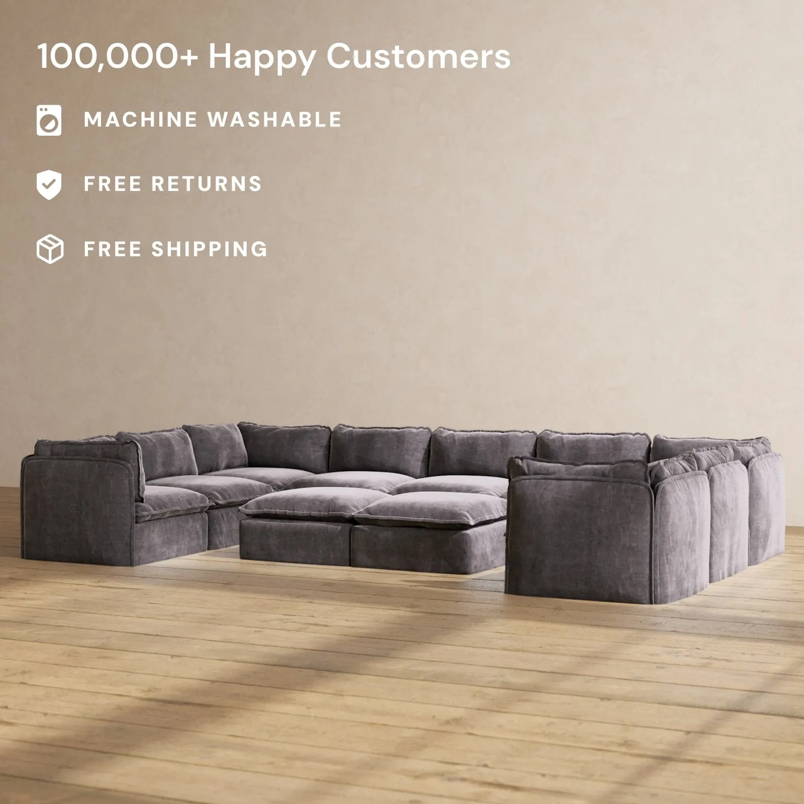 Modular Performance 9-Seater U-Sectional   Bench Ottoman in Cinder | Deluxe Blend