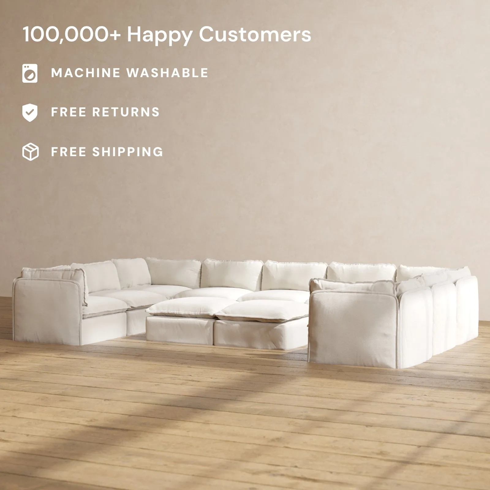 Modular Performance 9-Seater U-Sectional   Bench Ottoman in Flour | Deluxe Blend