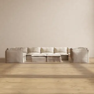 Modular Performance 9-Seater U-Sectional   Bench Ottoman in Oat | Deluxe Blend