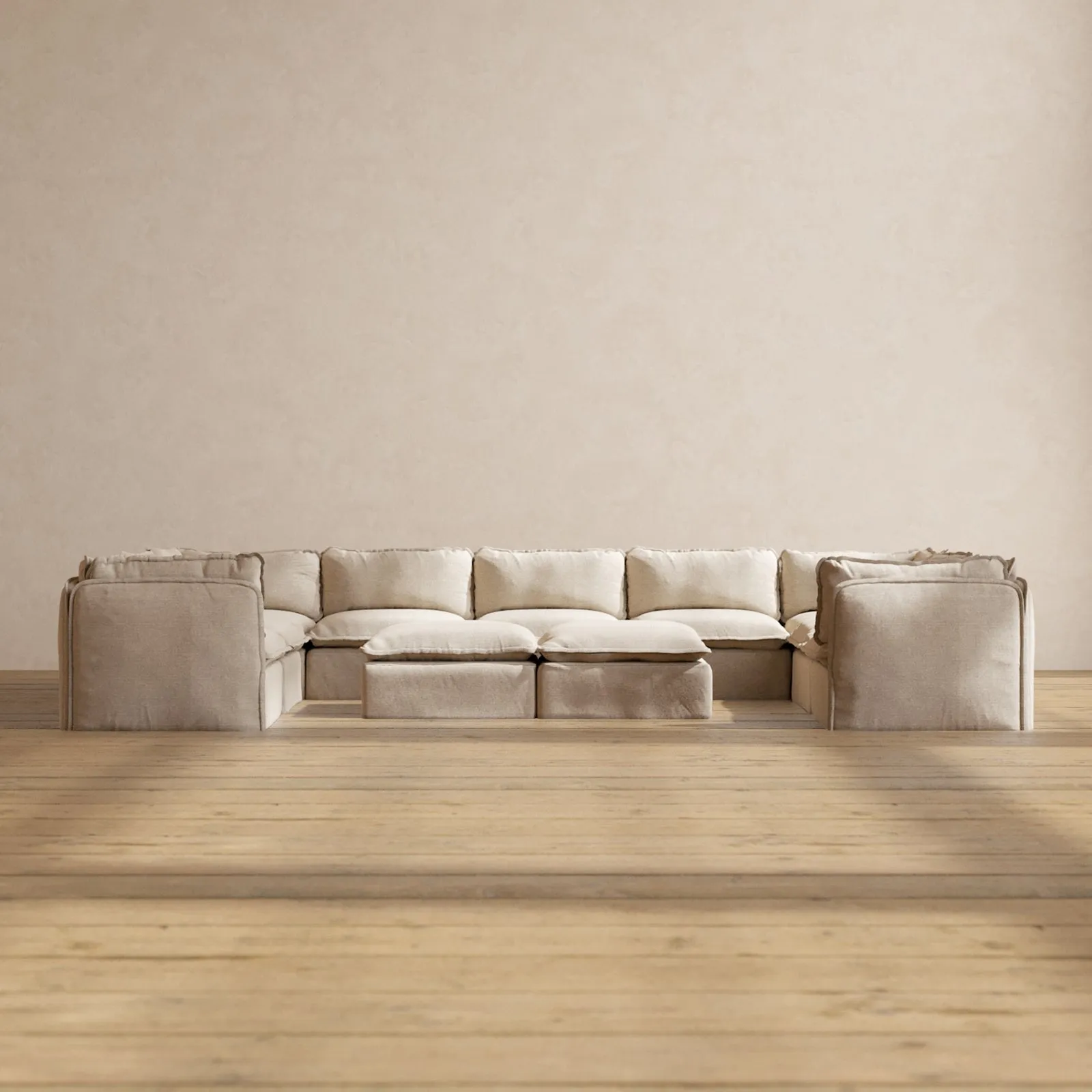 Modular Performance 9-Seater U-Sectional   Bench Ottoman in Oat | Deluxe Blend