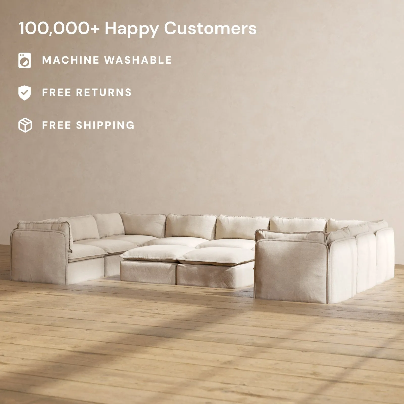 Modular Performance 9-Seater U-Sectional   Bench Ottoman in Oat | Deluxe Blend