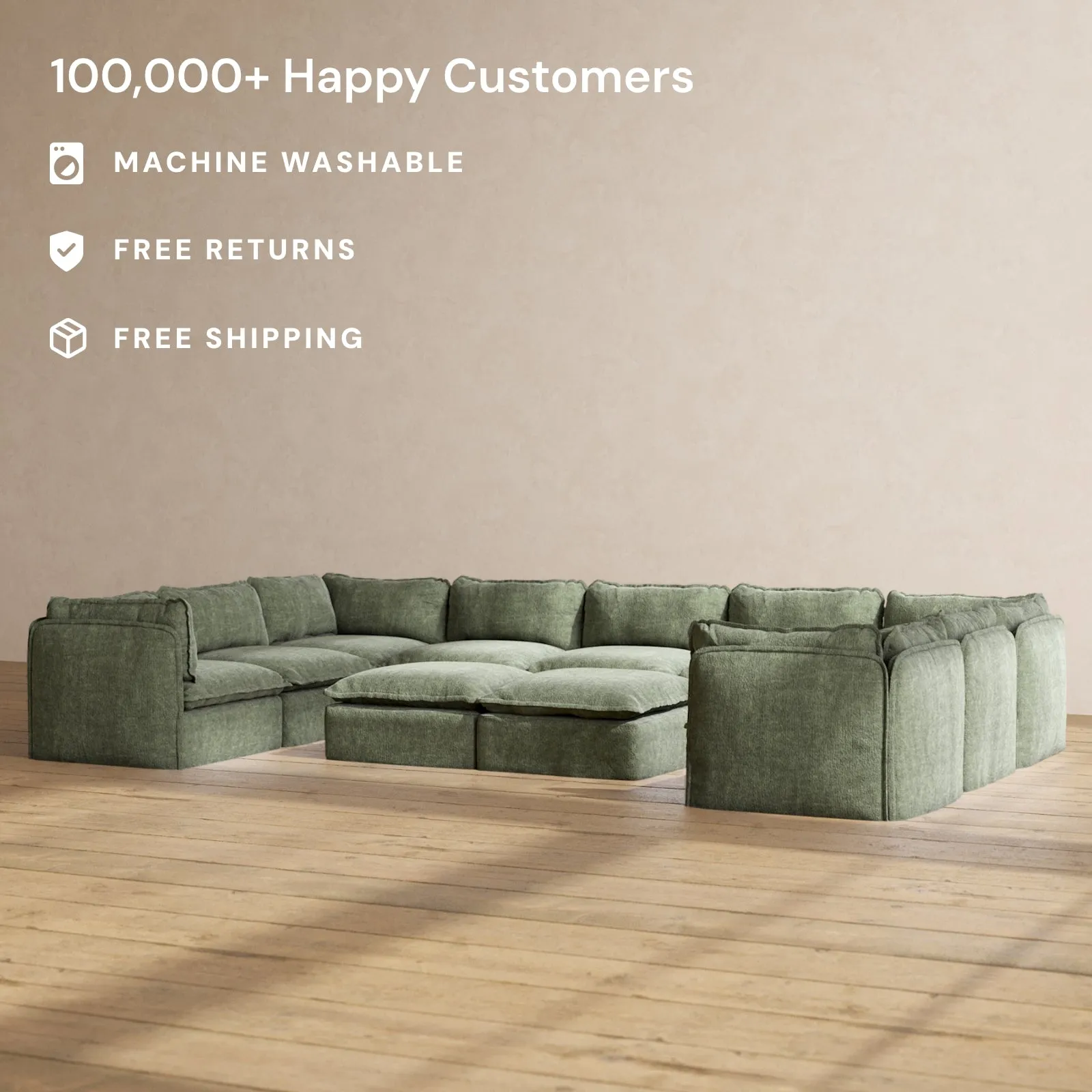 Modular Performance 9-Seater U-Sectional   Bench Ottoman in Willow | Deluxe Blend