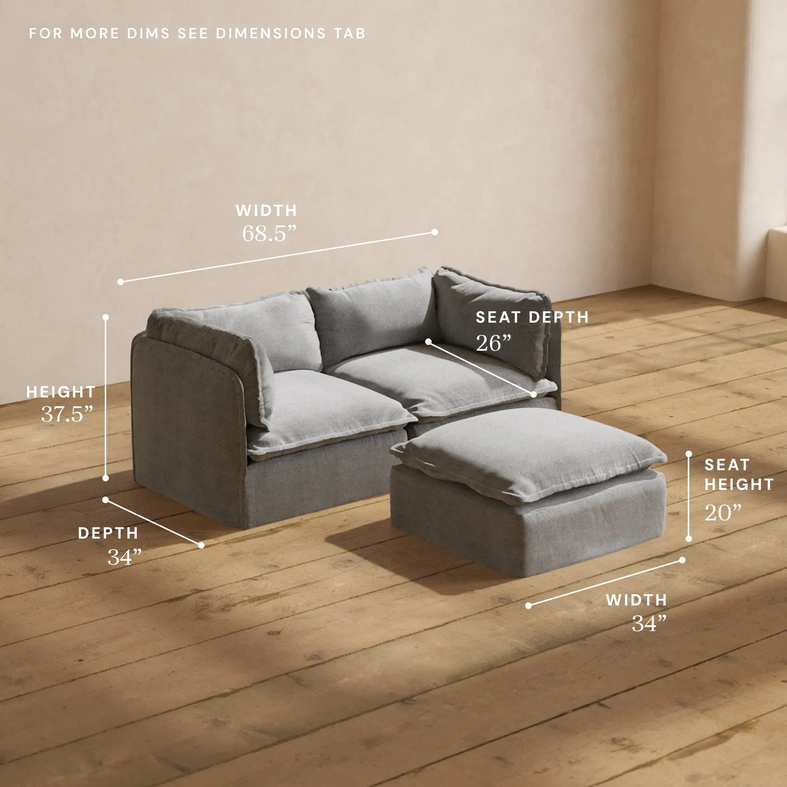 Modular Washable 2-Seater   Ottoman in Ash | Memorix  Seat | Contour Pillow