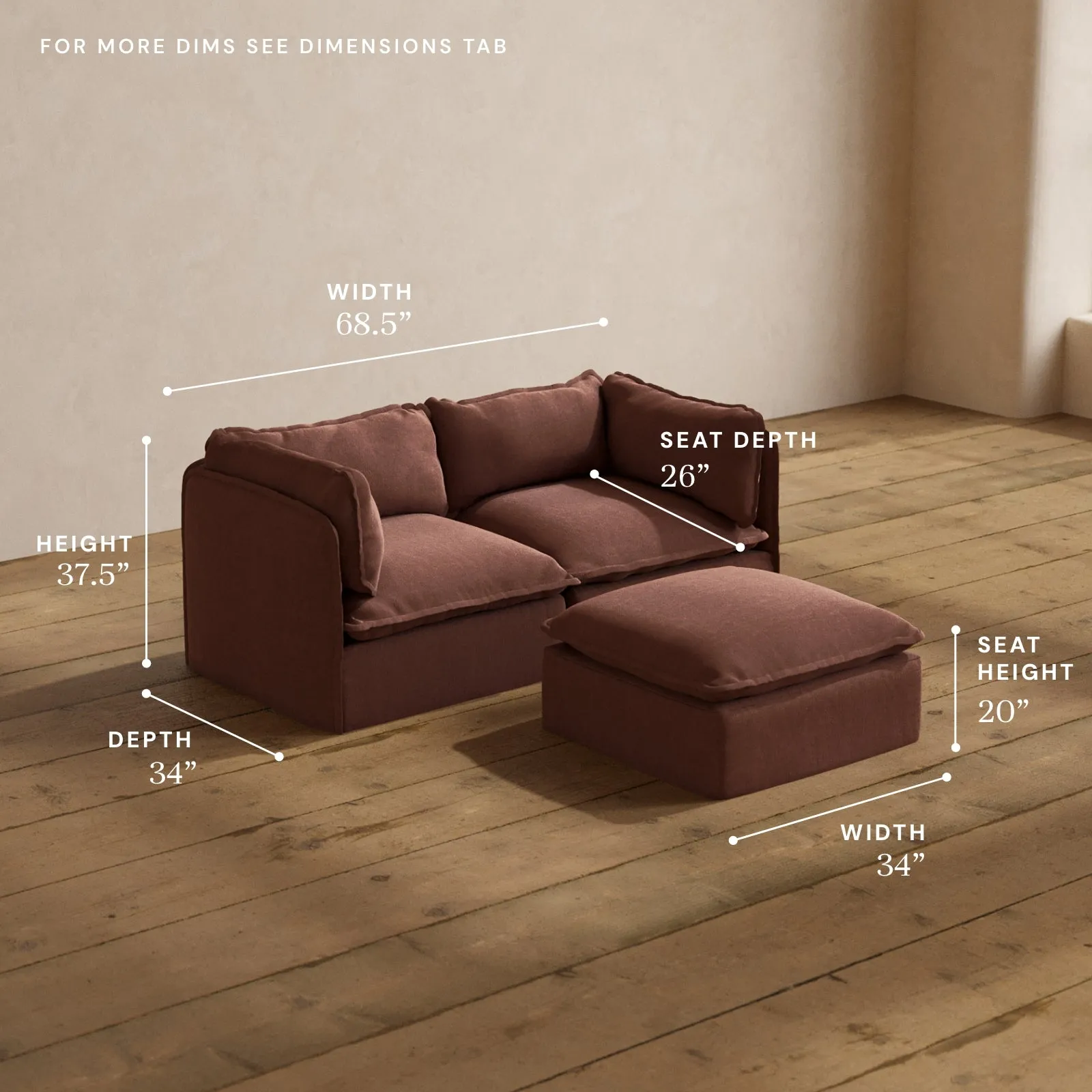 Modular Washable 2-Seater   Ottoman in Chestnut | Memorix  Seat | Contour Pillow