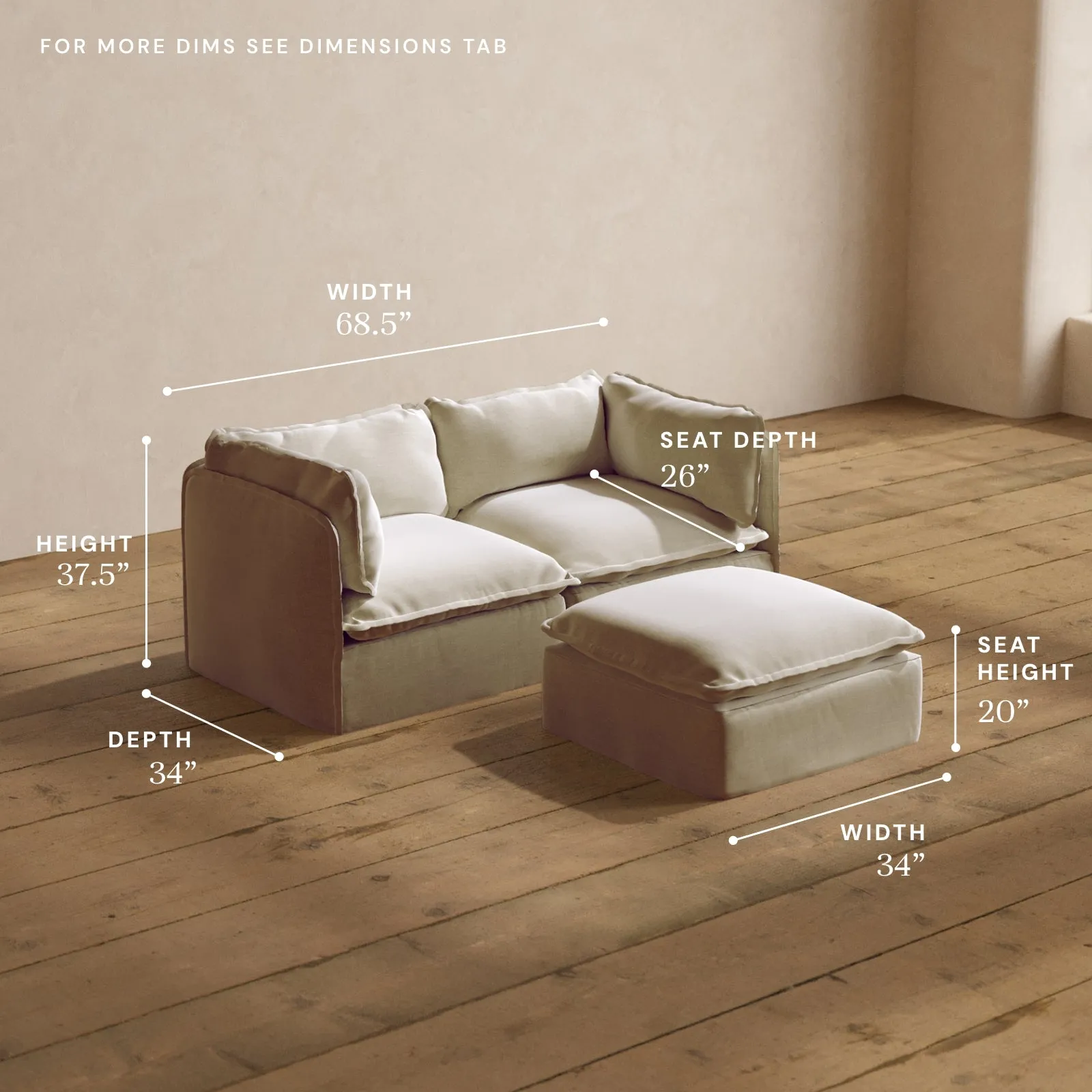 Modular Washable 2-Seater   Ottoman in Coco | Deluxe  Seat | Cloud Pillow