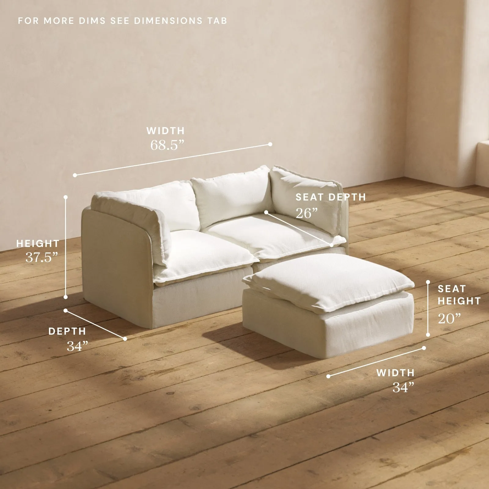 Modular Washable 2-Seater   Ottoman in Eggshell | Deluxe  Seat | Cloud Pillow