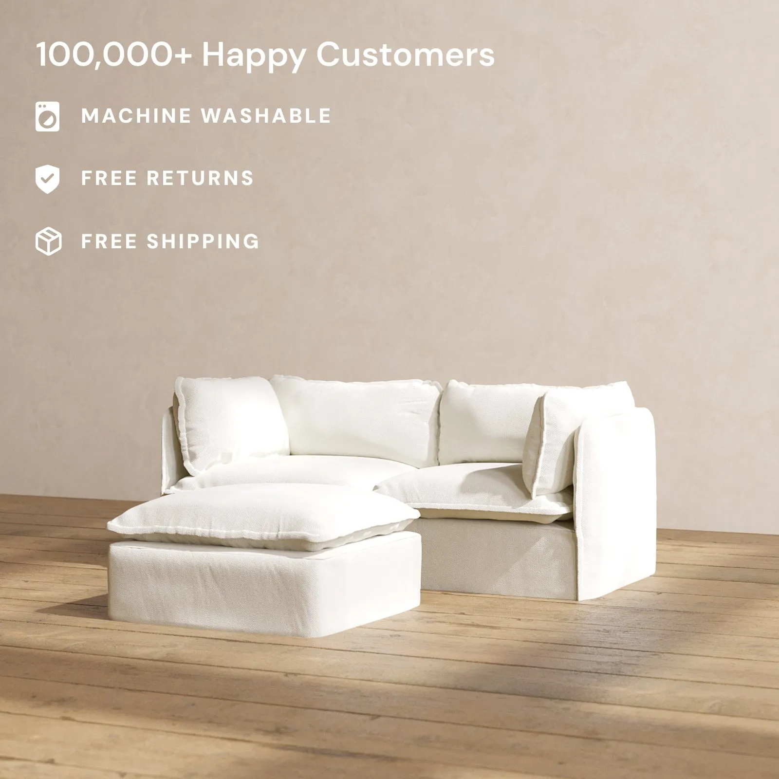 Modular Washable 2-Seater   Ottoman in Eggshell | Deluxe  Seat | Cloud Pillow