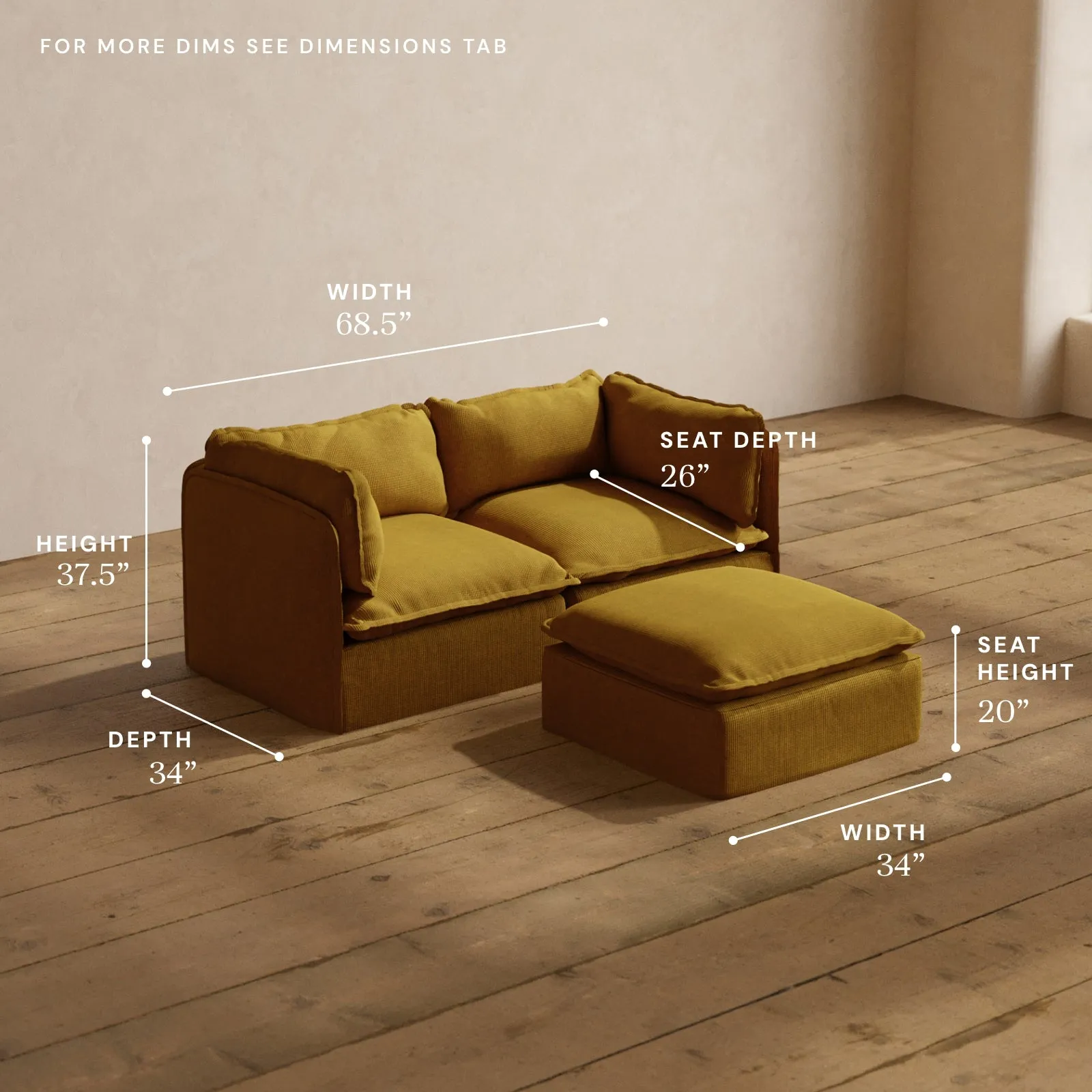 Modular Washable 2-Seater   Ottoman in Kiiro | Deluxe  Seat | Cloud Pillow