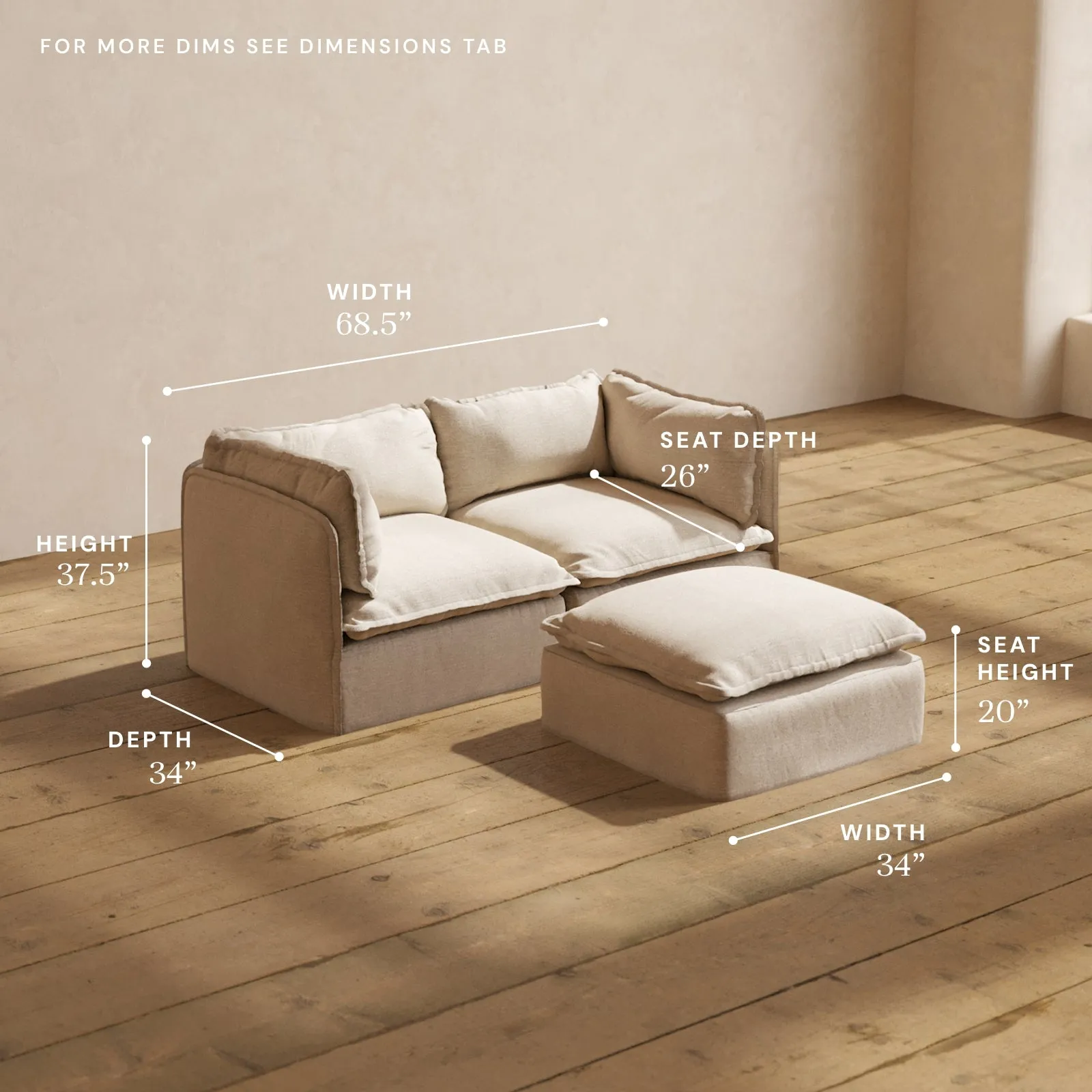 Modular Washable 2-Seater   Ottoman in Oat | Memorix  Seat | Contour Pillow