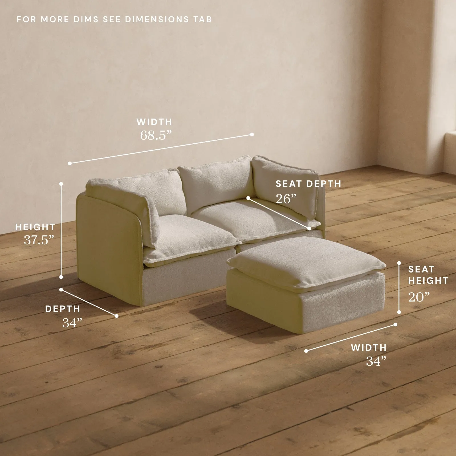 Modular Washable 2-Seater   Ottoman in Powder | Deluxe  Seat | Cloud Pillow