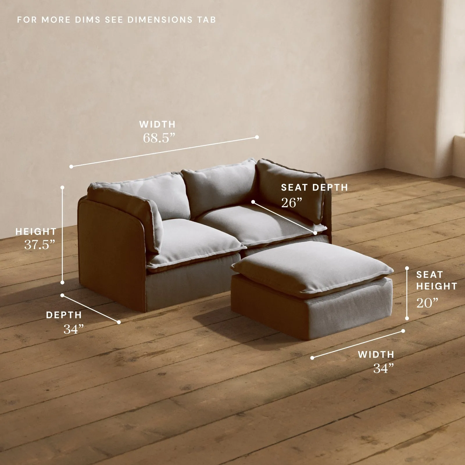 Modular Washable 2-Seater   Ottoman in Pumice | Deluxe  Seat | Cloud Pillow