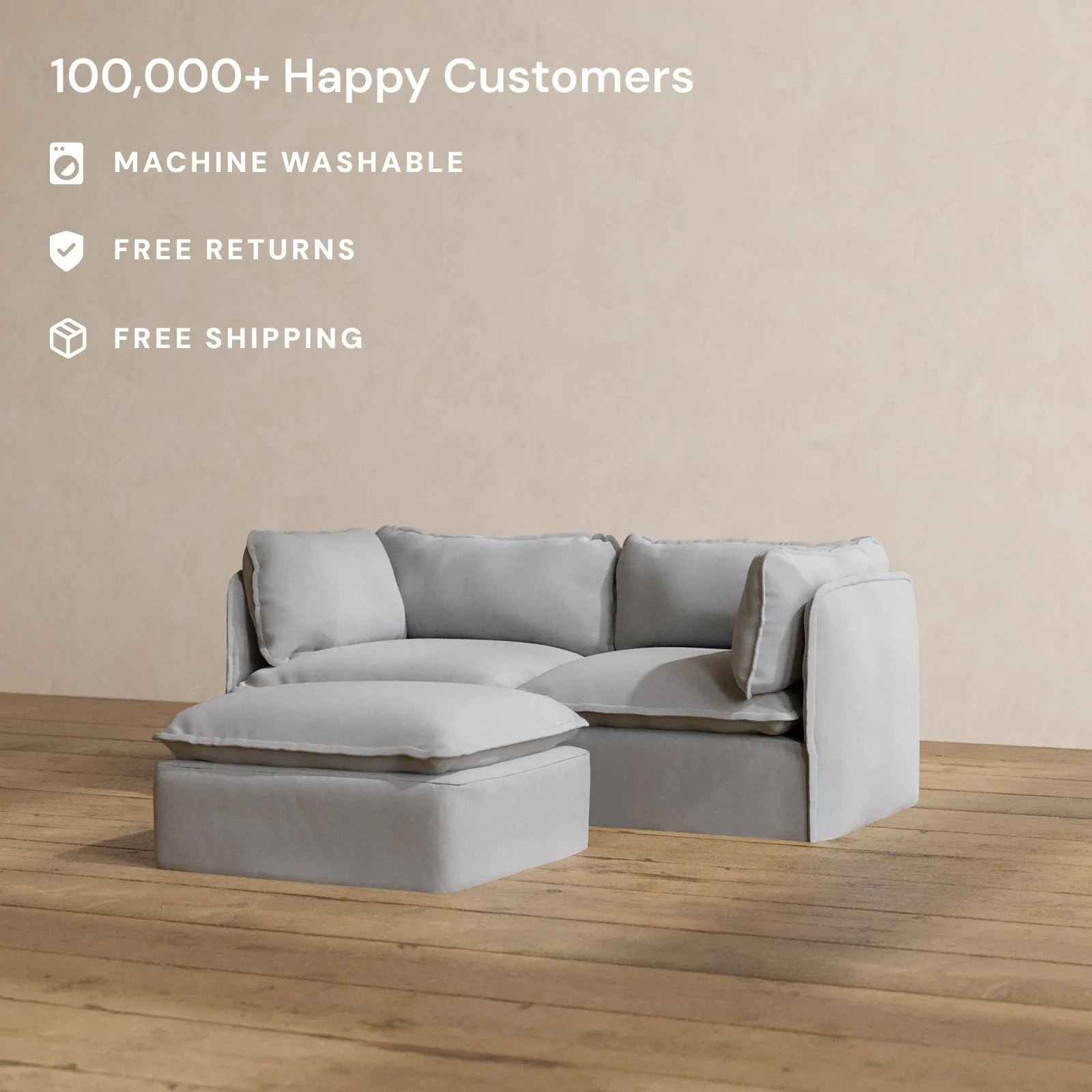 Modular Washable 2-Seater   Ottoman in Pumice | Deluxe  Seat | Cloud Pillow
