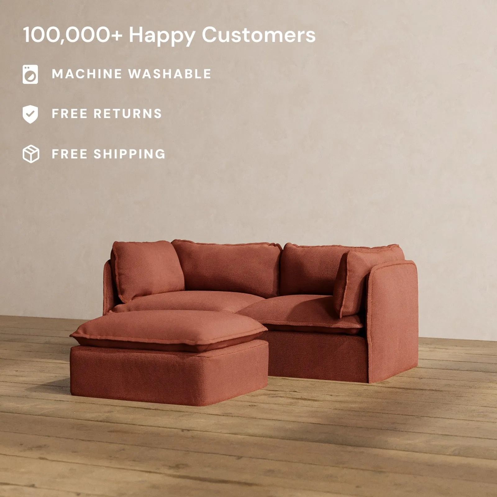 Modular Washable 2-Seater   Ottoman in Rust | Deluxe  Seat | Cloud Pillow