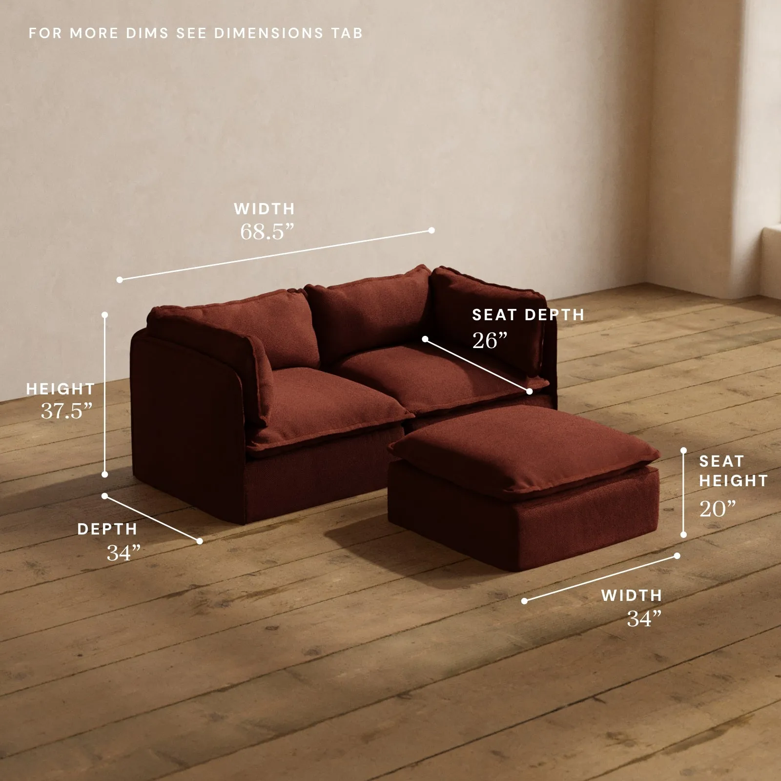 Modular Washable 2-Seater   Ottoman in Rust | Deluxe  Seat | Cloud Pillow