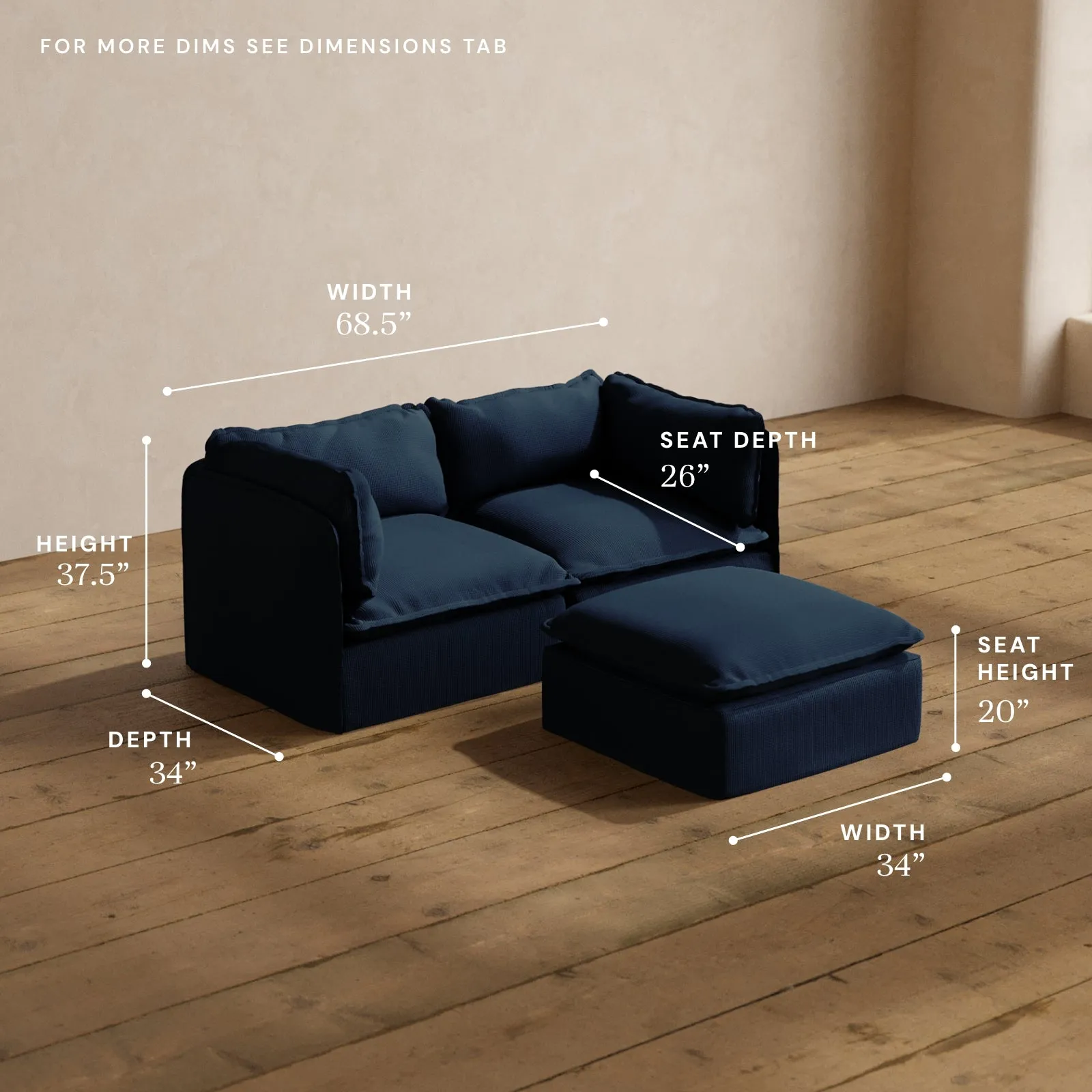 Modular Washable 2-Seater   Ottoman in Sumi | Deluxe  Seat | Cloud Pillow