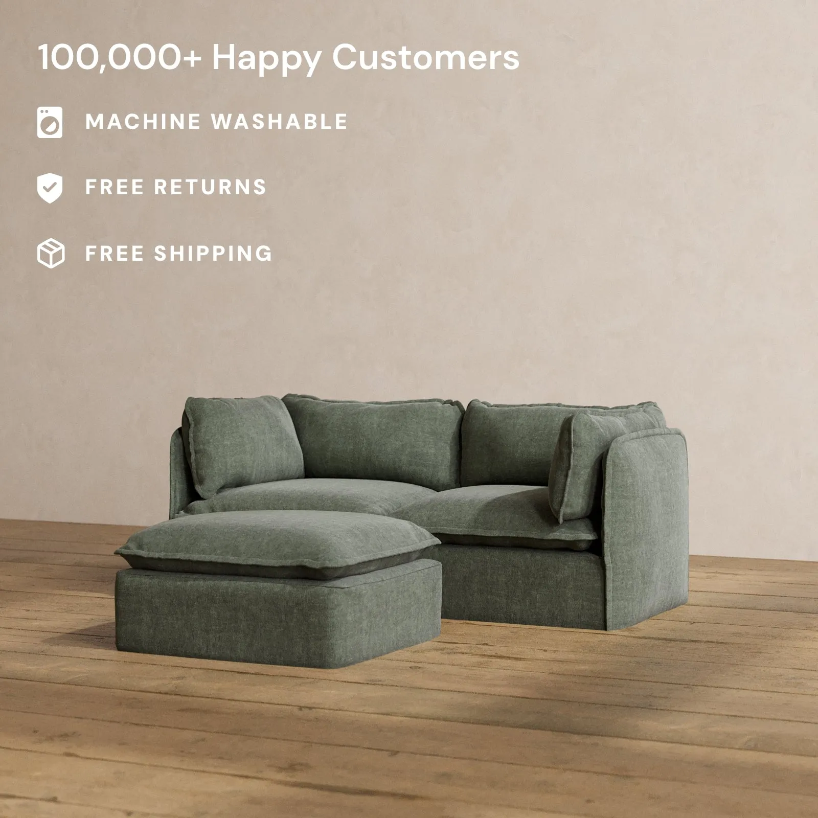 Modular Washable 2-Seater   Ottoman in Willow | Deluxe  Seat | Cloud Pillow