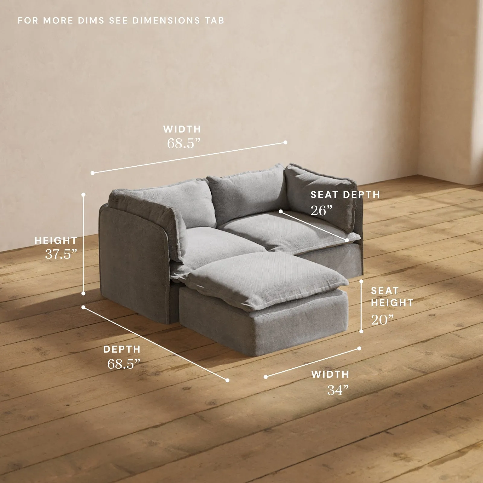 Modular Washable 2-Seater Sectional in Ash | Memorix  Seat | Contour Pillow