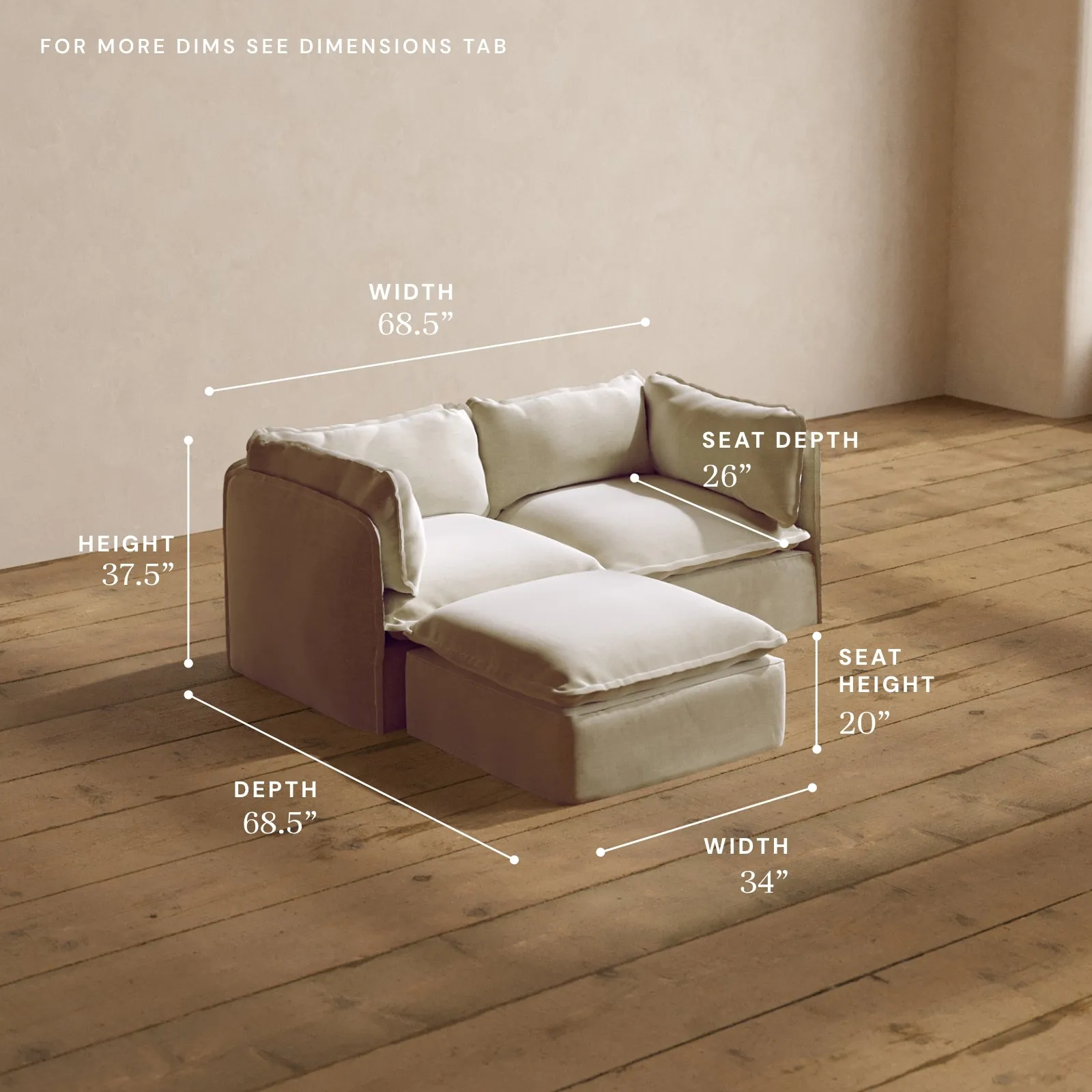 Modular Washable 2-Seater Sectional in Coco | Deluxe  Seat | Cloud Pillow